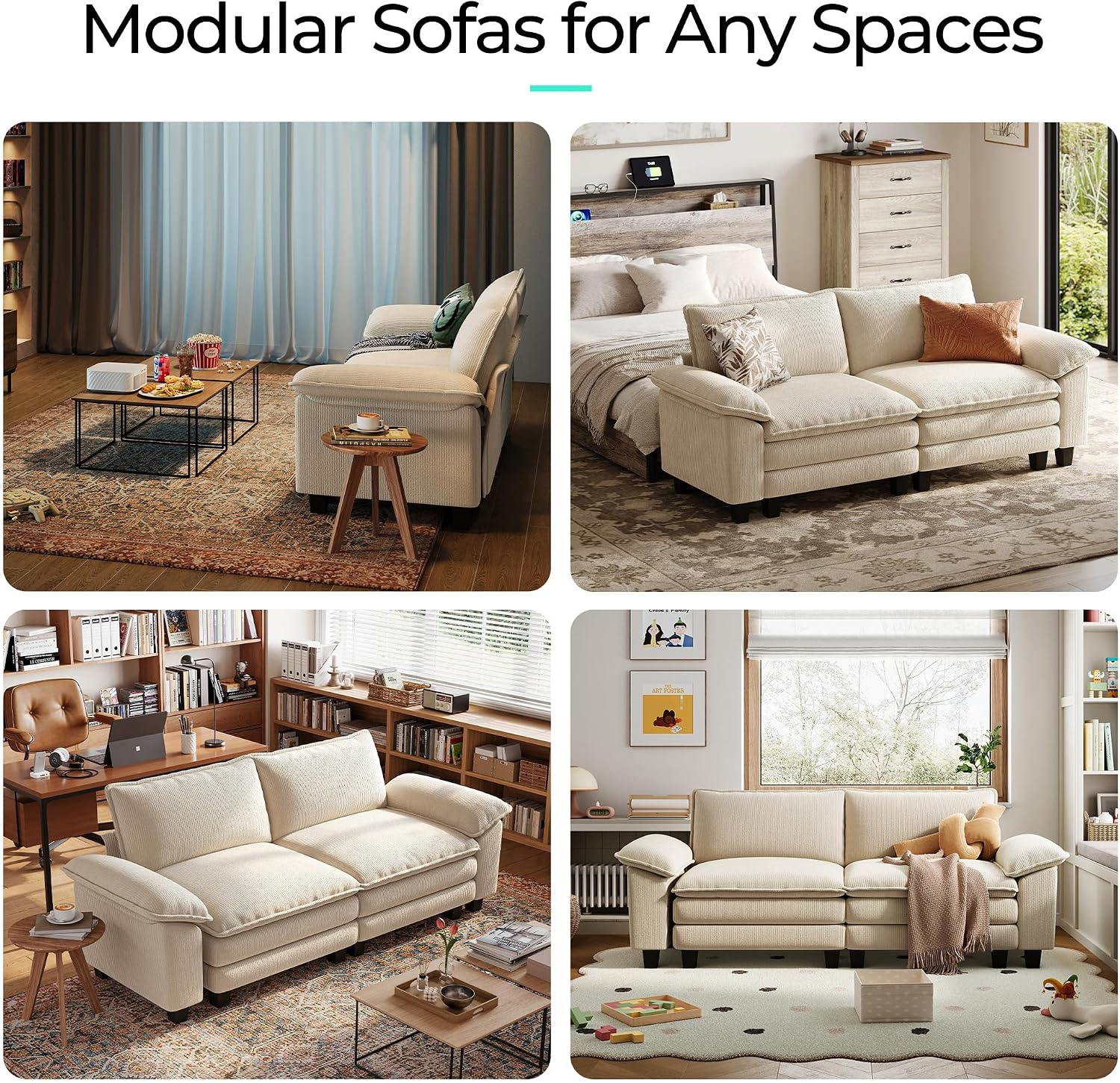 LINSY HOME 90' Modular Cloud Love Seat Sofa, Corduroy Soft Sectional Couch, Modern Comfy Love Seat, Perfect for Living Room, Apartment, Office, Beige