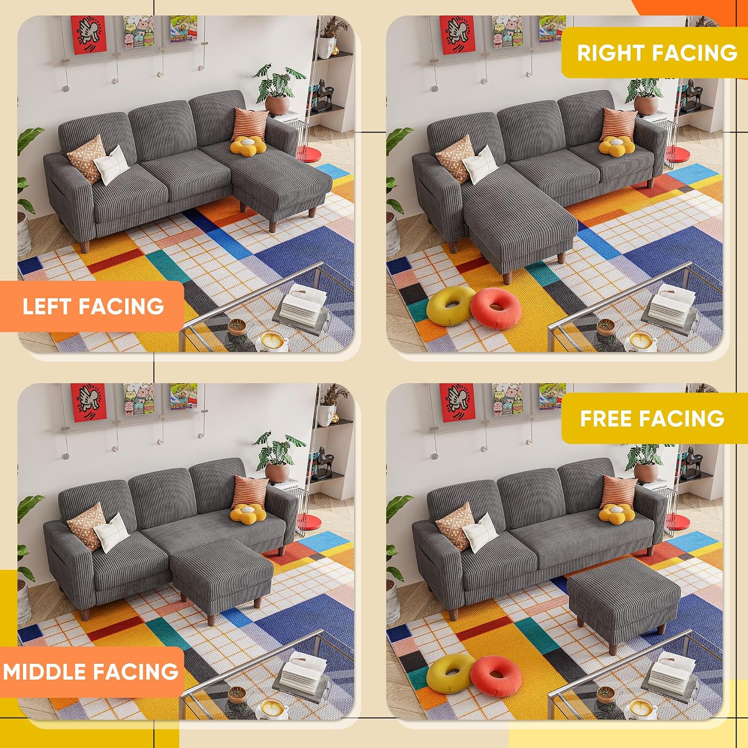 YESHOMY Couches for Living Room, Sofa with Movable Ottoman, Small Couch with Reversible Chaise and Side Pockets, L Shaped Couch for Small Space, Apartment (Corduroy, Grey)