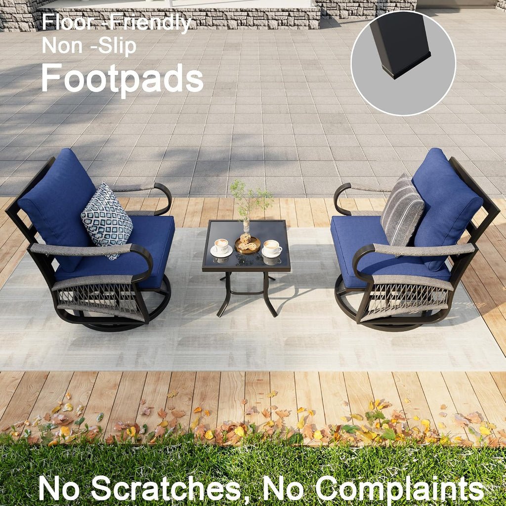 3 Pieces Glider Rocking Chairs, Outdoor Swivel Rocker Chairs with Blue Padded Cushions, Patio Bistro Furniture Set with Side Table for Porch Balcony Backyard Deck Poolside, Blue