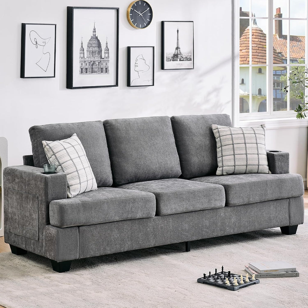 Garvee Modern 89' 3-Seater Sofa for Living Room, Comfy Couches with Deep Seat, Chenille Sofa with Cup Holders and Side Storage Pockets for Apartment Lounge, Grey