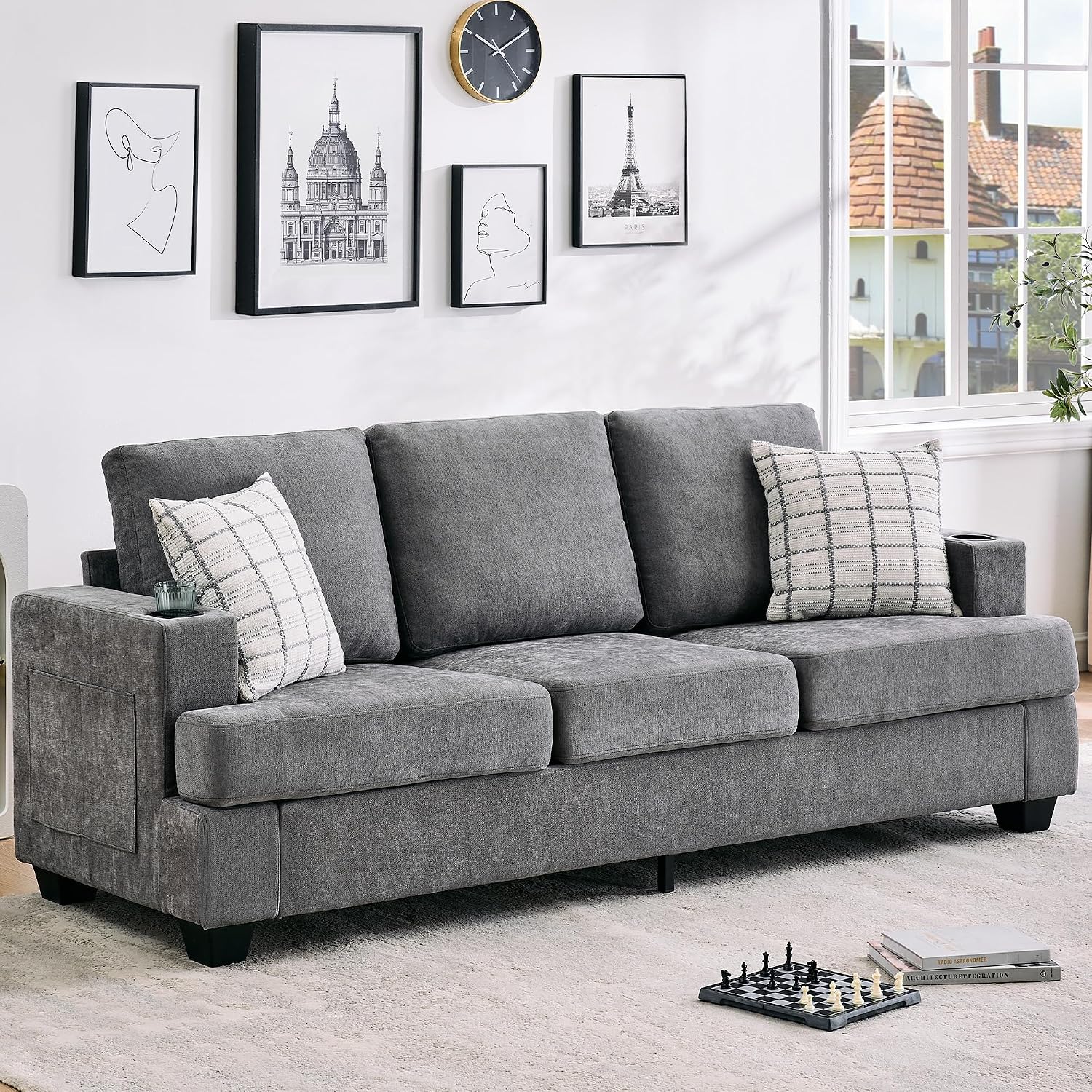Garvee Modern 89' 3-Seater Sofa for Living Room, Comfy Couches with Deep Seat, Chenille Sofa with Cup Holders and Side Storage Pockets for Apartment Lounge, Grey