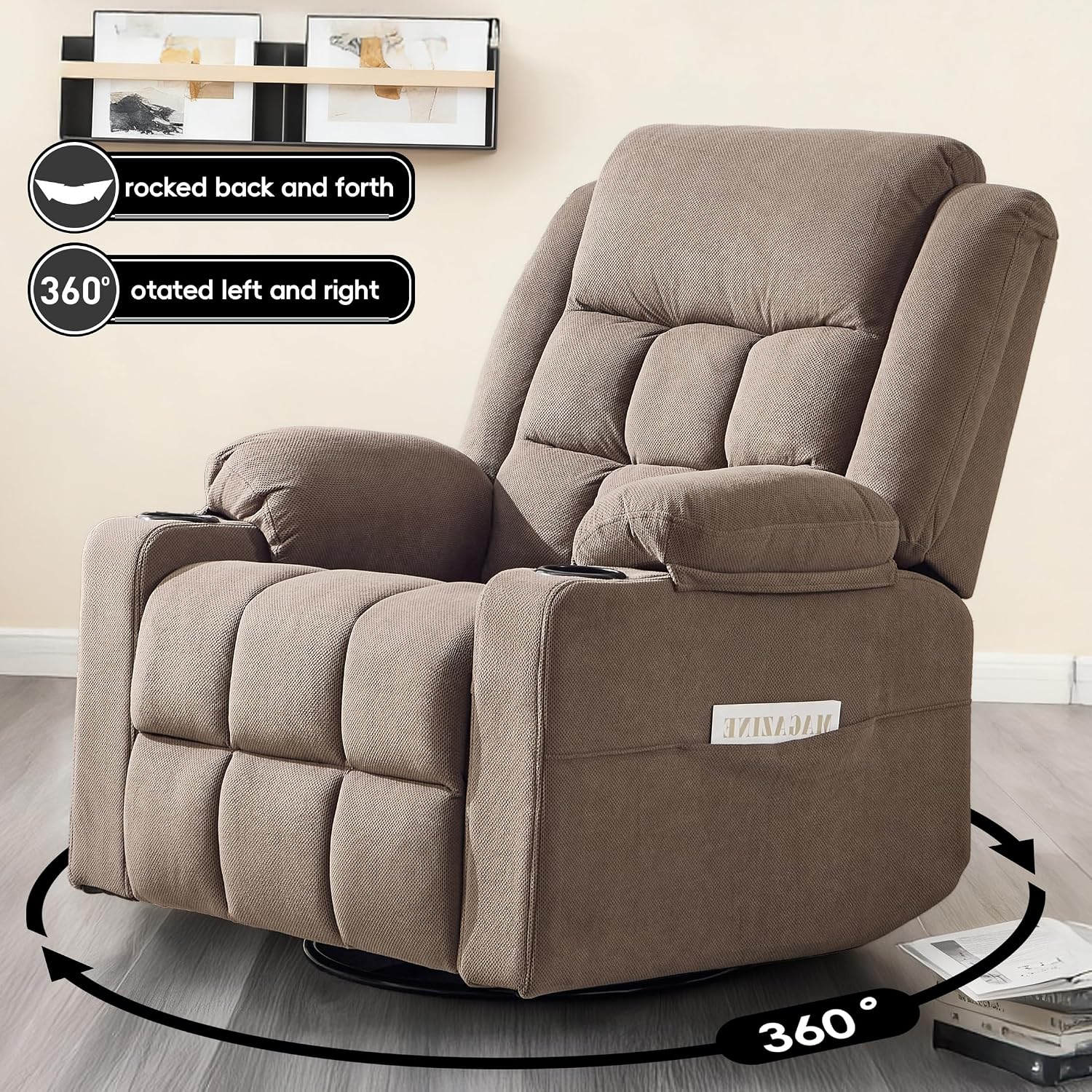 Swivel Rocker Recliner Chair with Massage and Heating,Cup Holders,Glider Recliner for Adults,Soft Fabric Living Room Nursing Reclining Sofa Chair (Coffe)