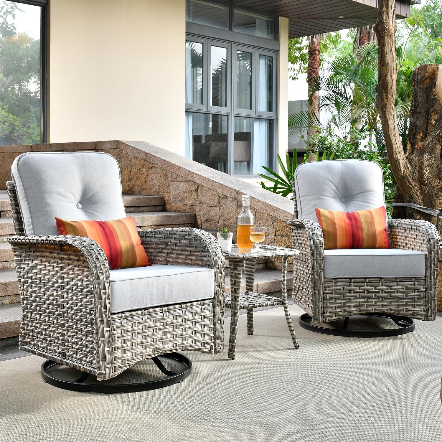 ovios Outdoor Swivel Rocking Chair Set of 3 with Coffee Table, Patio Wicker Rocker with Comfortable Thicken Deep Seating, Comfy Rattan Glider Chairs for Porch Deck Balcony Garden Backyard, Grey