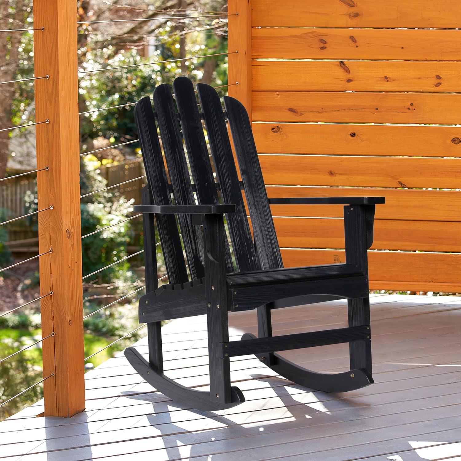 Shine Company Marina Adirondack Porch Rocker, Indoor Outdoor Wood Rocking Chair, Black