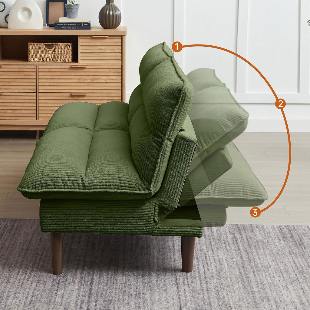 72' Futon Sofa Bed, Futon Couch with Adjustable Backrest, Recliner Small Loveseat for Living Room, Office, Apartment, Corduroy Loveseat, Green