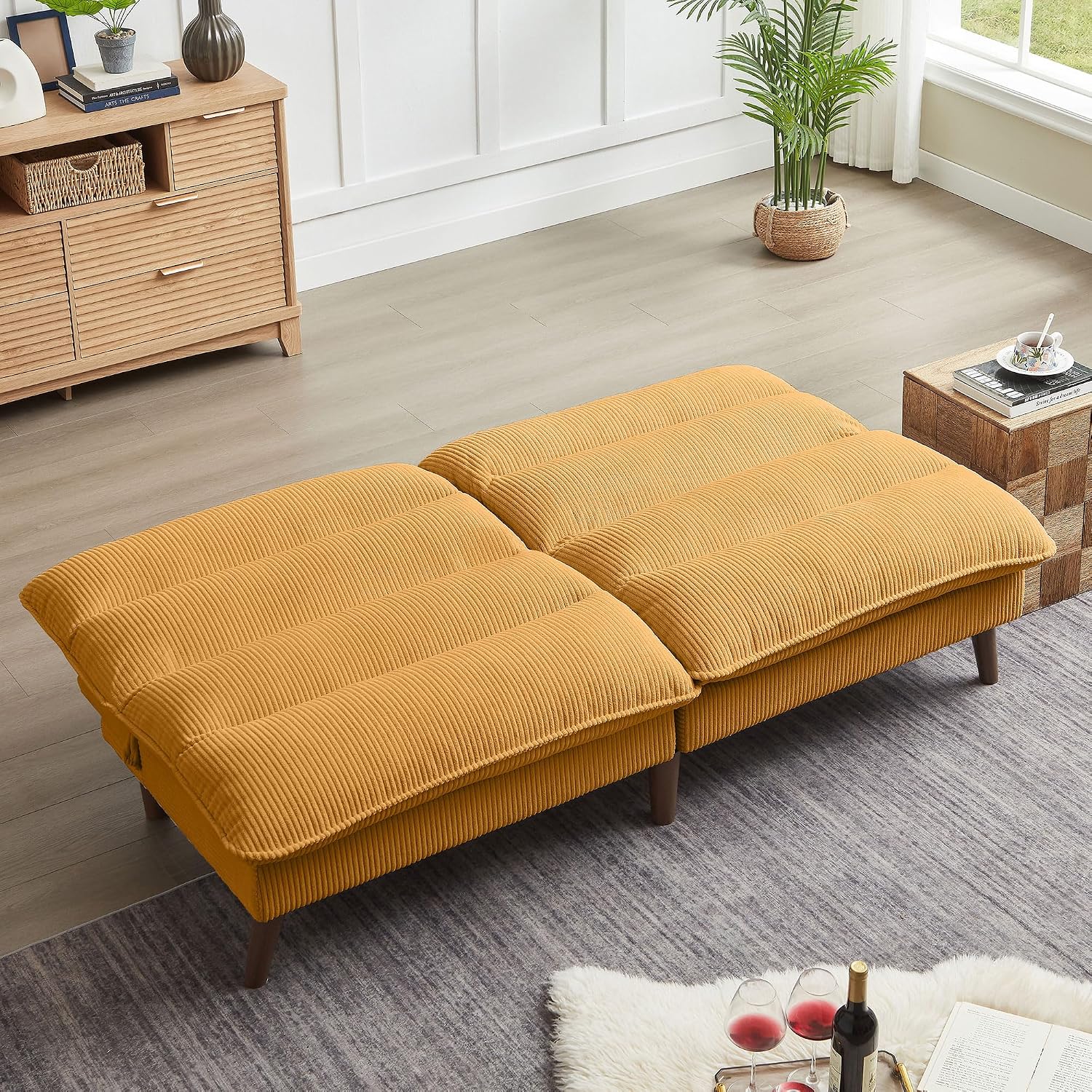 72' Futon Sofa Bed, Futon Couch with Adjustable Backrest, Recliner Small Loveseat for Living Room, Office, Apartment, Corduroy Loveseat, Yellow