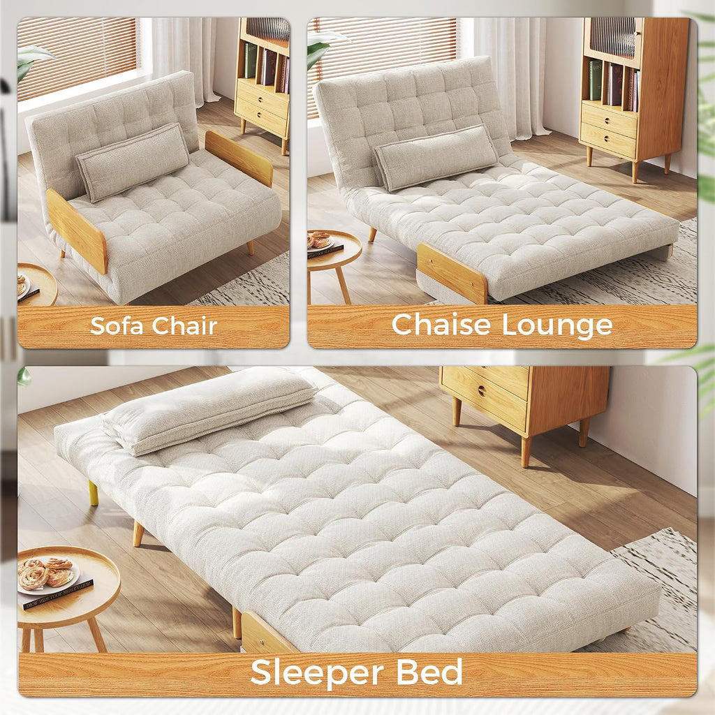 JASIWAY Convertible Sleeper Chair Bed for Adults, 3 in 1 Linen Convertable Futon Chair with Pillow, Fold Out Single Sleeper Couch Guest Bed for Small Spaces, Bedroom, Office, Mid-Century, 36.6'