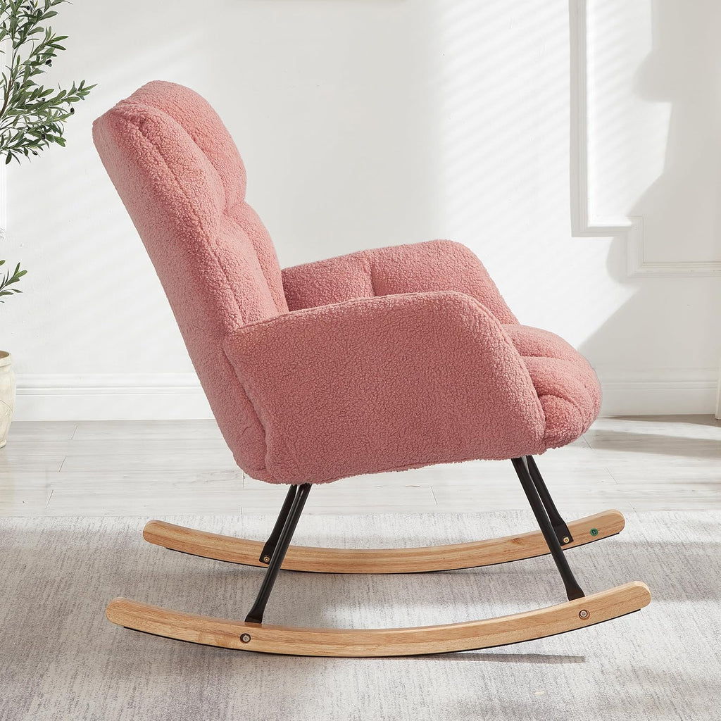 Glider Chair for Living Room & Nursery, Tufted Upholstered Teddy Rocking Chair with High Backrest & Stable Metal Frame, 300lbs Capacity, Comfy Rocker Glider for Adults & Kids, Office & Bedroom(Pink)