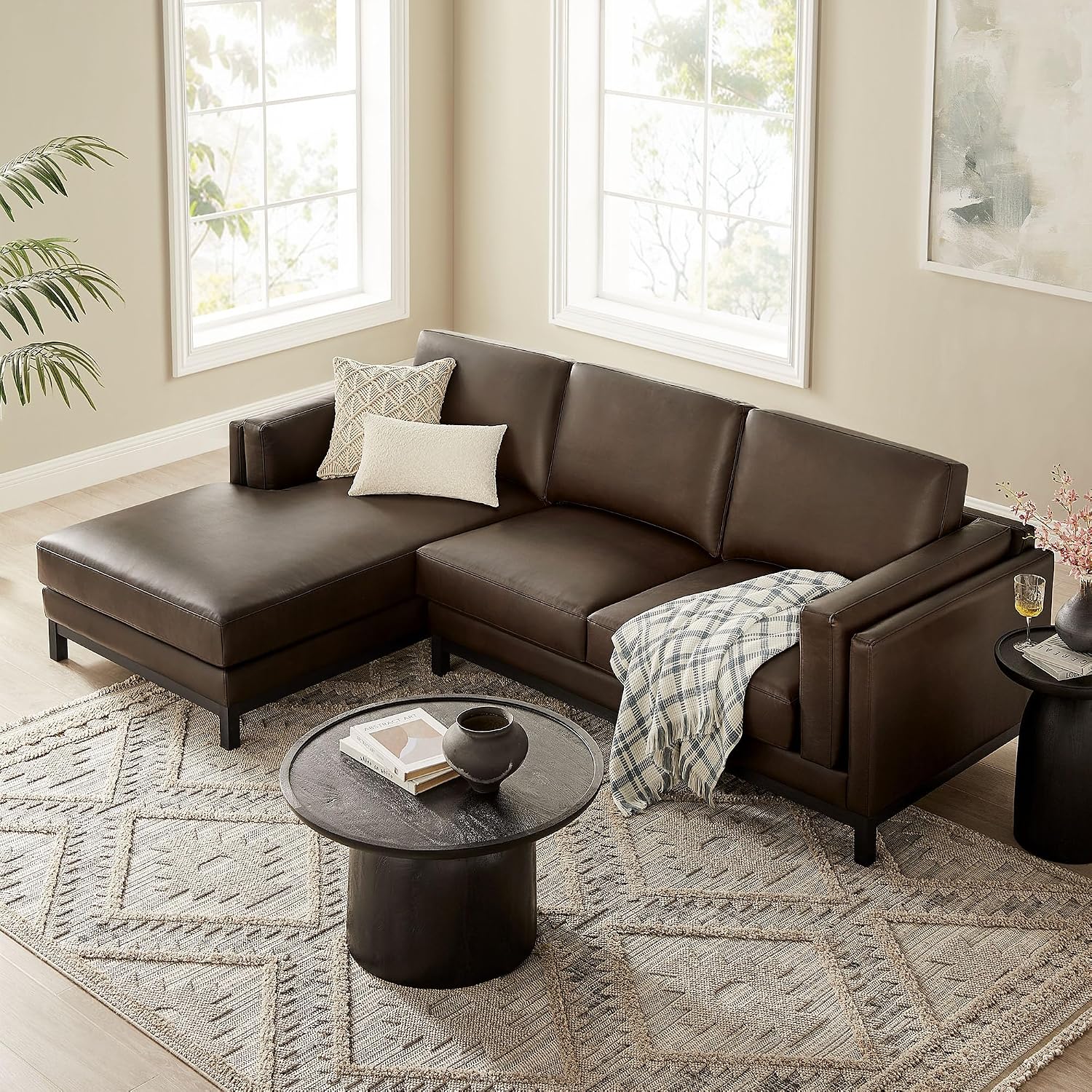 Modway Roscoe Left-Facing Sectional Sofa with Chaise in Espresso - 2-Piece Faux Leather Upholstered Deep Seat Couch, L Shaped Modular for Living Room or Lounge