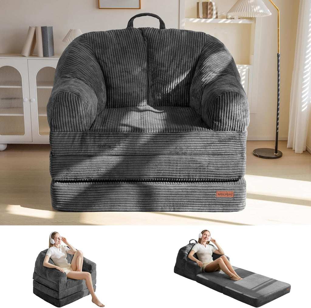 MAXYOYO Folding Sofa Bed with Backrest, Boneless Fold Out Couch Bed with Handle, 2 in 1 Convertible Bean Bag Chair to Floor Sofa Lounger, Comfy Folding Couch for Bedroom & Living Room, Dark Grey