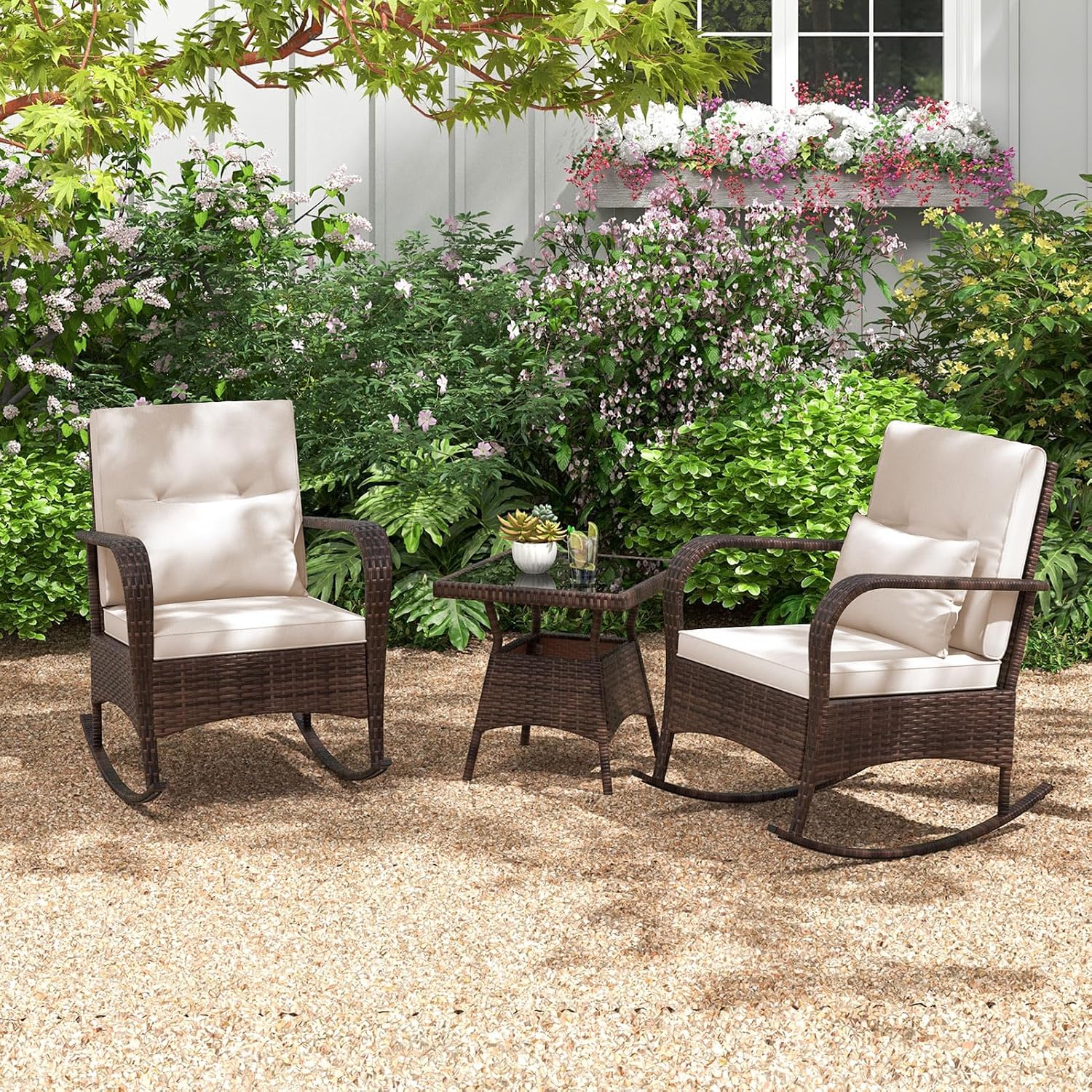 HAPPYGRILL 3 Piece Outdoor Rocking Bistro Set, Rattan Wicker Rocking Chairs with Tempered Glass Coffee Table, Rocker Chairs Set with Cushions & Pillows, for Backyard, Porch, Poolside