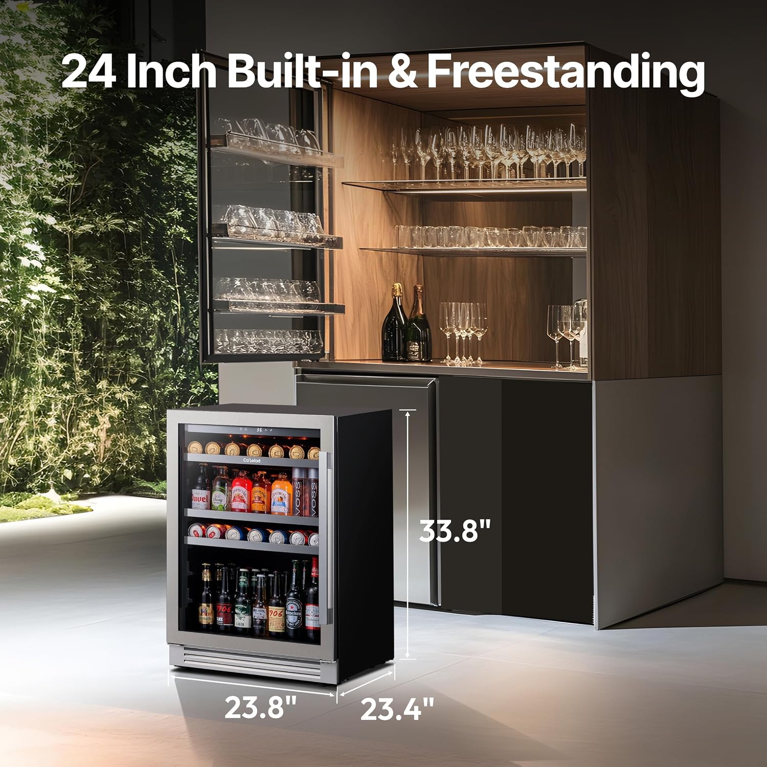 Ca'Lefort 24 Inch Beverage Refrigerator, 180 Can 34°F -54°F Beverage Fridges, Drink Fridge with Glass Door 3 LED Beverage Coolers Built in or Freestanding, Perfect for Home/Kitchen(Left-Hinged)