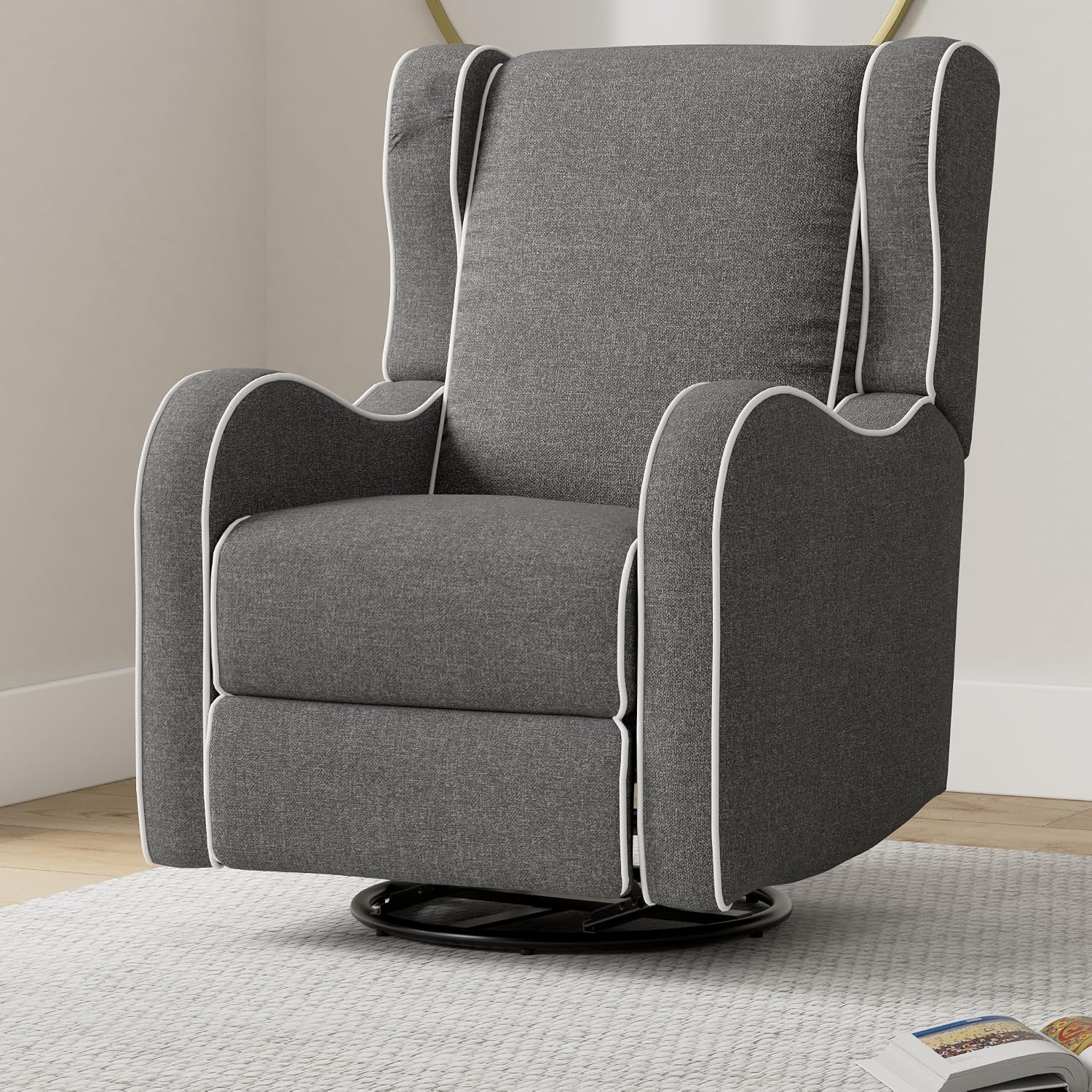 Angel Line Rebecca Upholstered Swivel Gliding Recliner, Dark Gray Linen with White Piping