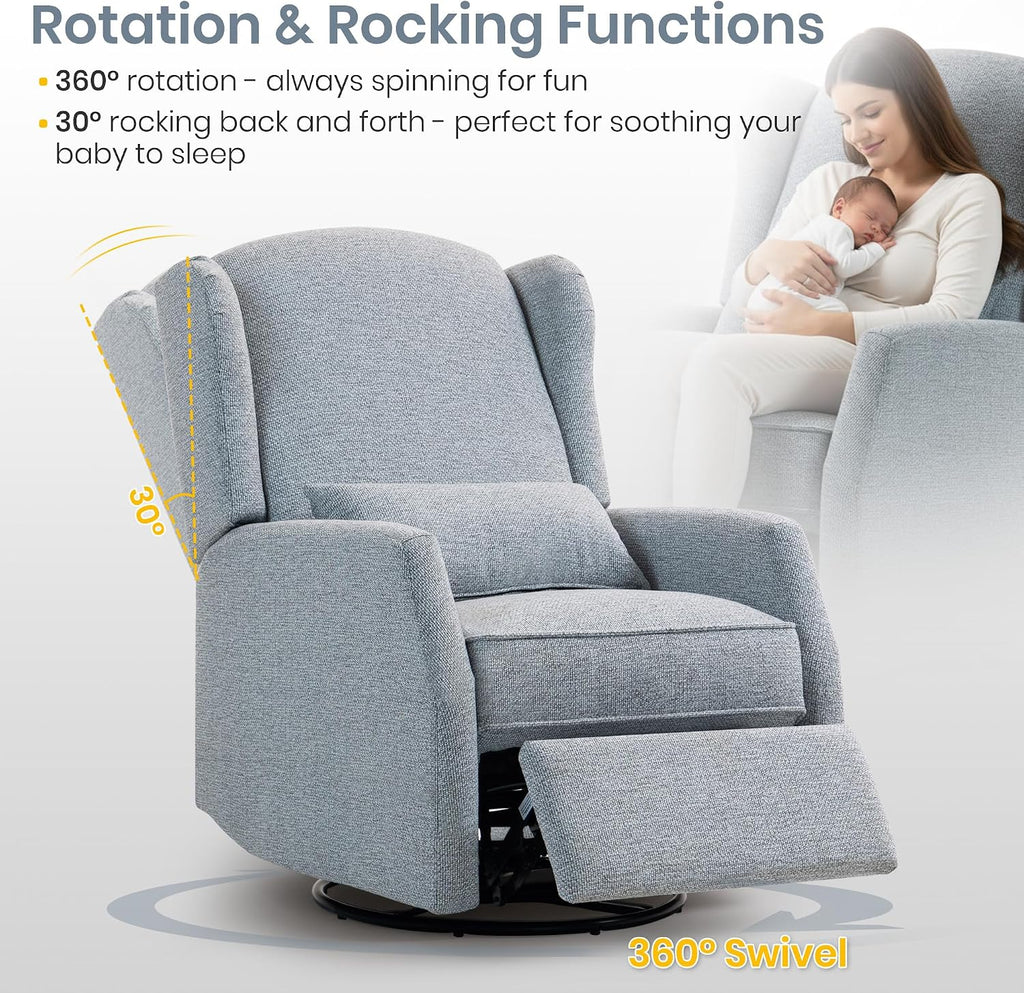 Swivel Rocker Recliner Chair with Adjustable Footrest, Swivel Rocking Recliner with Deep Seat Lumbar Pillow, Nursery Glider Recliner, 360° Recliner Chair for Living Room&Bedroom&Office (Gray)