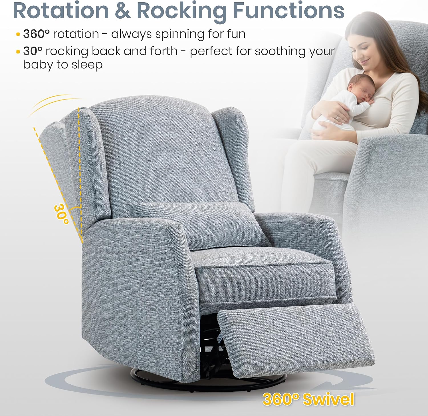 Swivel Rocker Recliner Chair with Adjustable Footrest, Swivel Rocking Recliner with Deep Seat Lumbar Pillow, Nursery Glider Recliner, 360° Recliner Chair for Living Room&Bedroom&Office (Gray)