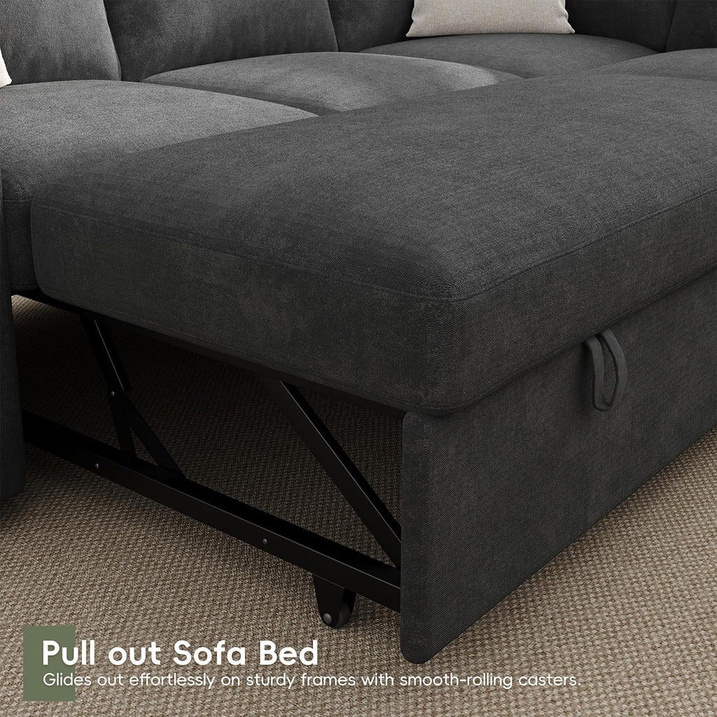 104' Sectional Sleeper Sofa Bed, Pull Out Couch with Storage, Modular Cloud Sofa with Chaise, 7 Seat U Shaped Sectional Couches for Living Room& Apartment, Convertible Sofas, Gray Couch