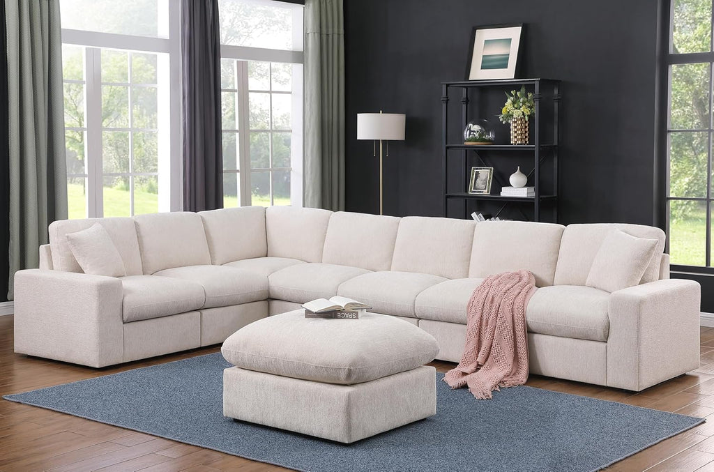 YOPTO 146' Convertible Sectional Sofa Couch,8 Seat Modular Living Room Furniture Sets with 2 Pillows & Ottoman,Chenille Upholstered Cloud Couches,Oversized L-Shaped Comfy Sofas,for Living Room,Beige