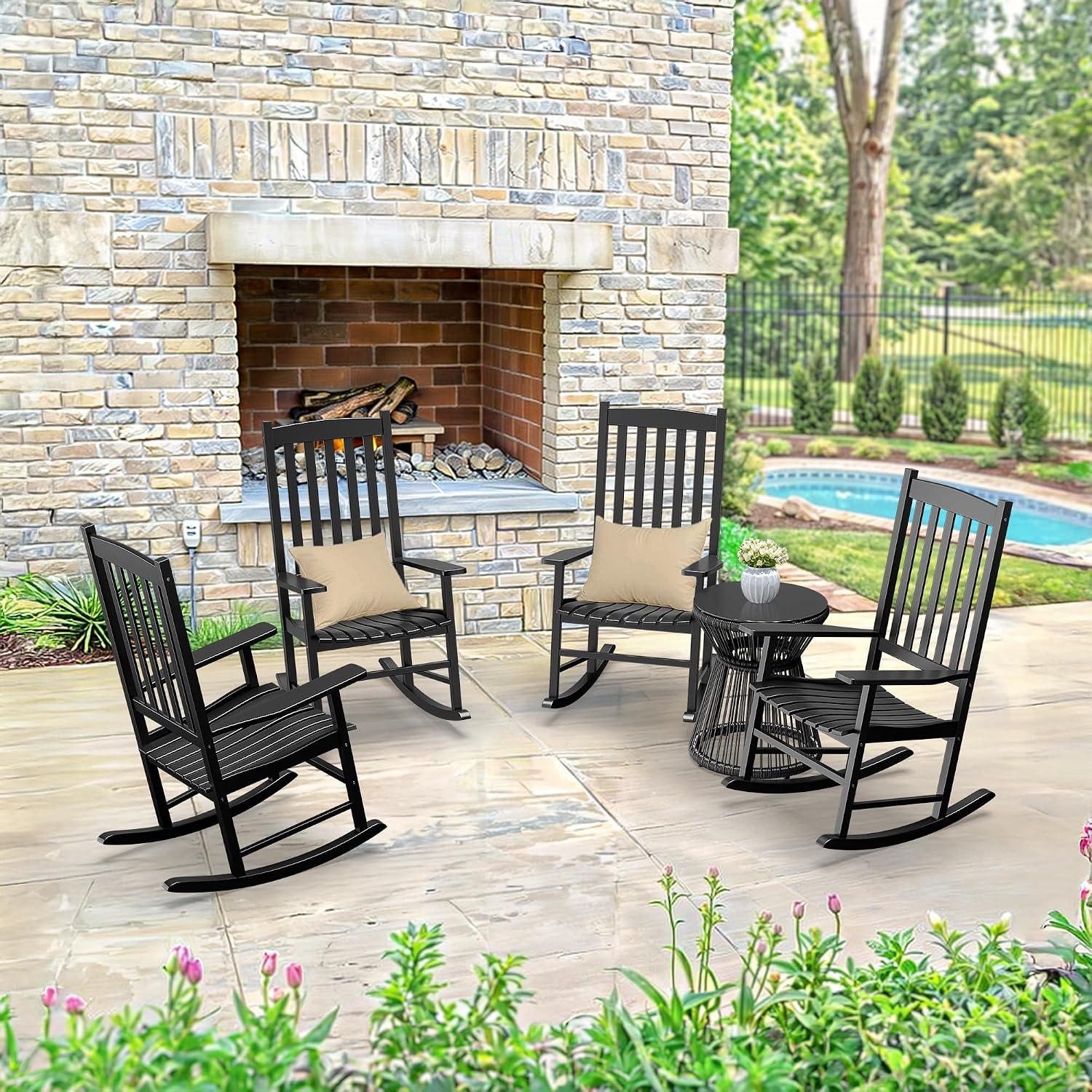 ZenStyle Outdoor Rocking Chair Set of 2 with High Back, Perfect for Indoor or Outdoor All Weather Porch Rocker for Garden, Lawn, Balcony, Backyard, Wooden Porch Rocker (2, Black)