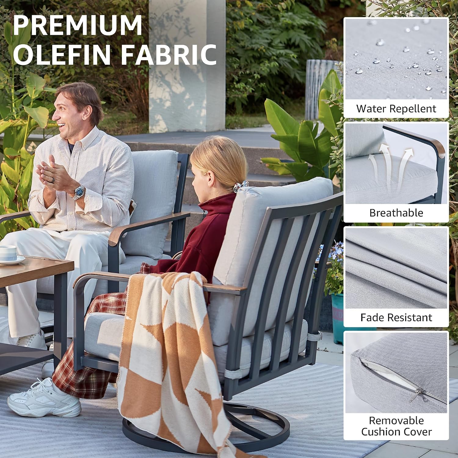 NATURAL EXPRESSIONS 5 Piece Patio Furniture Set, Outdoor Conversation with 4 Pcs Swivel Rocking Chairs and 28' Double-Layer Coffee Table 6' Thick Cushions for Balcony, Backyard, Deck (Light Gray)