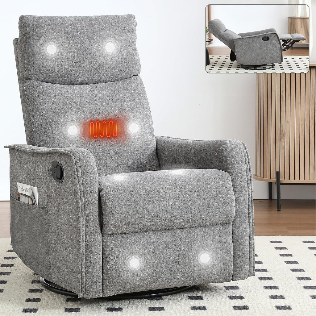 Anwick 360° Swivel Rocker Recliner Chair with Heat and Massage, Manual Upholstered Recliner for Small Spaces, Fabric Glider Nursery Chair with Side Pockets for Living Room (Grey)