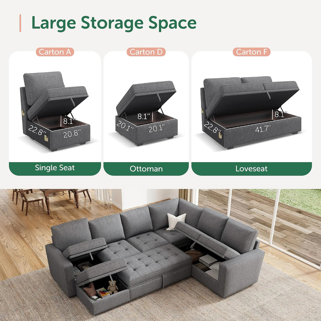 HONBAY Modular Sectional Sleeper Sofa with Pull Out Bed, Convertible L Shaped Couch with Storage Seat, Sectional Couches for Living Room,Grey