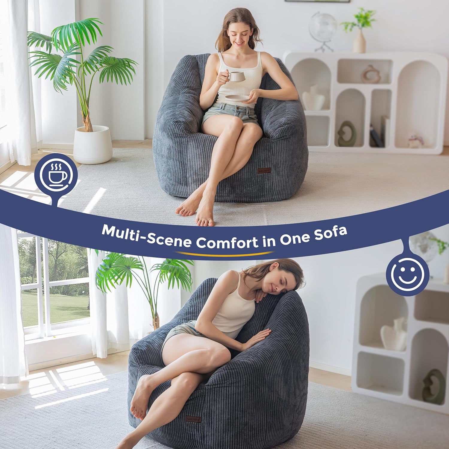 MAXYOYO Bean Bag Chair, Bean Bag Sofa with Filler, Cozy Living Room Chair for Adults and Kids, Stuffed Floor Sofa for Bedroom Dorm Reading, Dark Grey