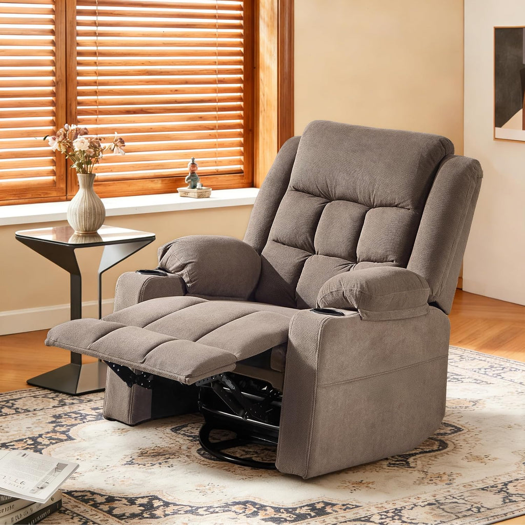 Swivel Rocker Recliner Chair with Massage and Heating,Cup Holders,Glider Recliner for Adults,Soft Fabric Living Room Nursing Reclining Sofa Chair (Coffe)