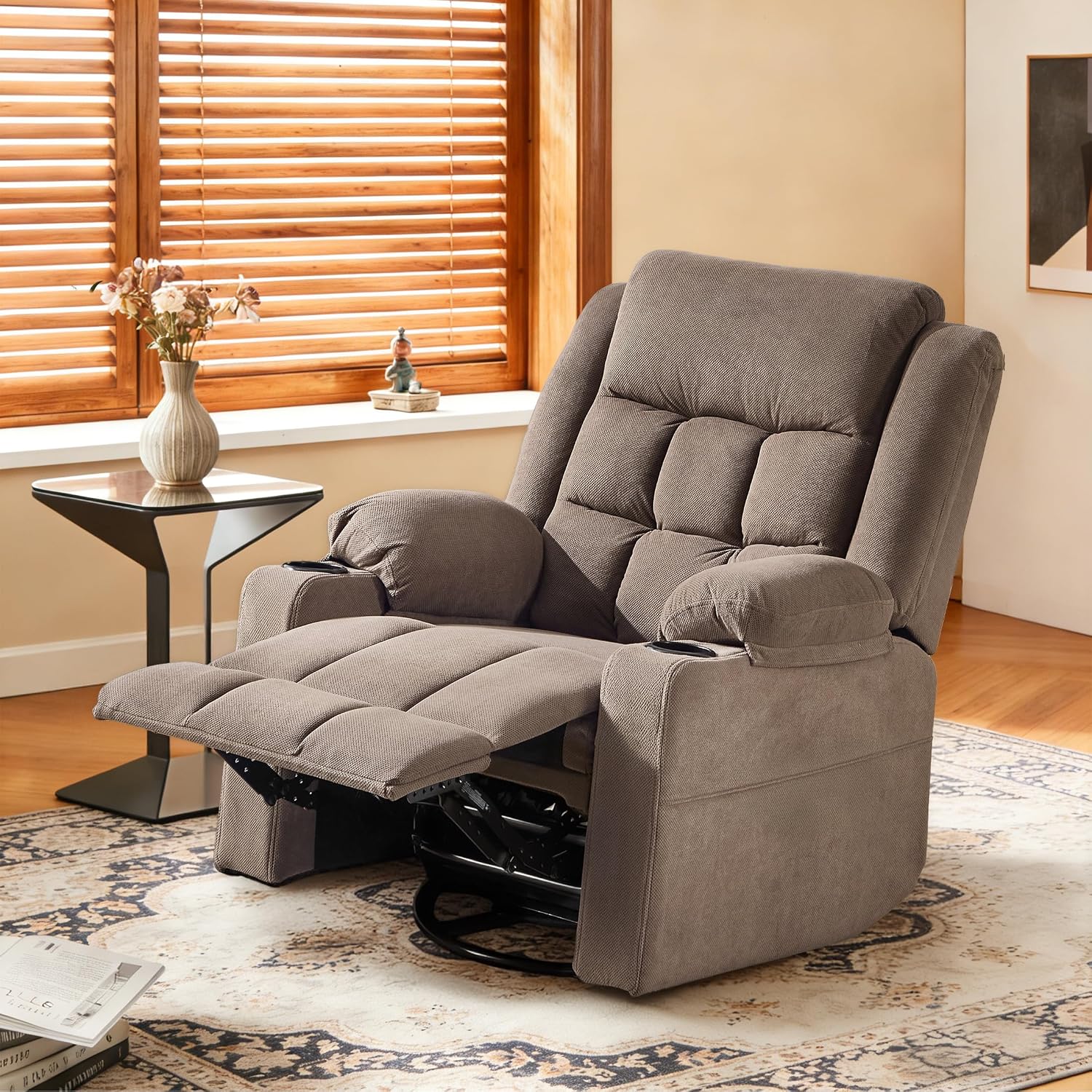 Swivel Rocker Recliner Chair with Massage and Heating,Cup Holders,Glider Recliner for Adults,Soft Fabric Living Room Nursing Reclining Sofa Chair (Coffe)
