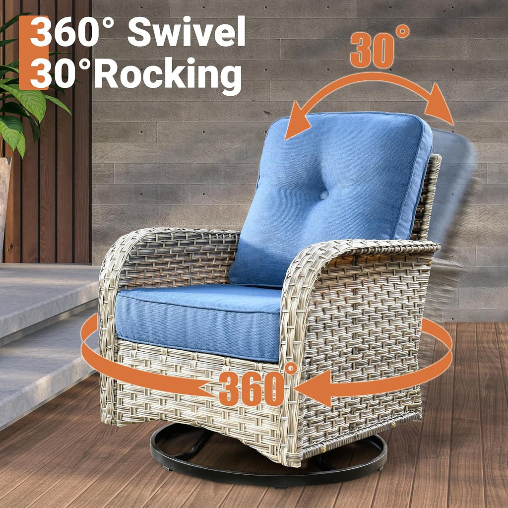 ovios Outdoor Swivel Rocking Chair Set of 3 with Coffee Table, Patio Wicker Rocker with Comfortable Thicken Deep Seating, Comfy Rattan Glider Chairs for Porch Deck Balcony Garden Backyard, Blue