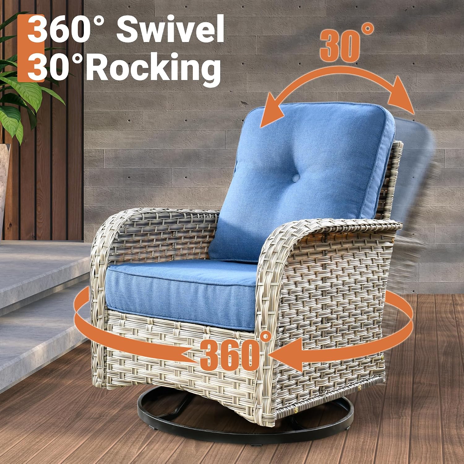 ovios Outdoor Swivel Rocking Chair Set of 3 with Coffee Table, Patio Wicker Rocker with Comfortable Thicken Deep Seating, Comfy Rattan Glider Chairs for Porch Deck Balcony Garden Backyard, Blue