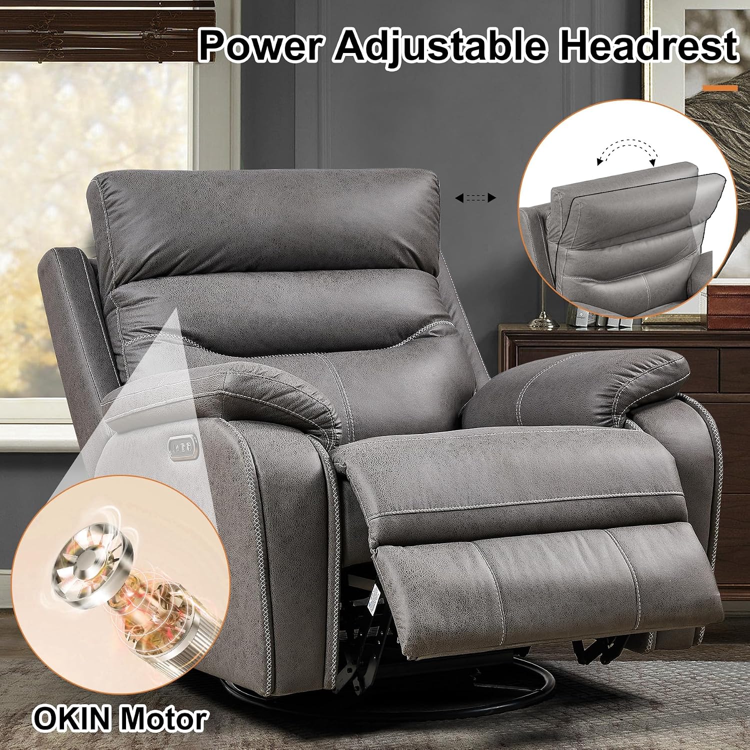Swivel Rocker Recliner Chair with Electrical Adjustable Headrest, Nursery Rocking Glider Reclining Sofa with USB Ports, Microfiber Fabric Recliners Chair for Living Room,Nursery Room