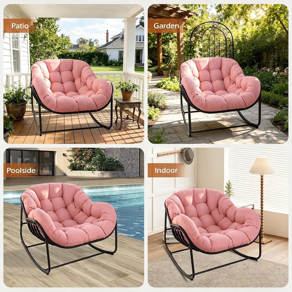 Papasan Rocking Chair Indoor & Outdoor, Oversized Egg-Shaped Papasan Rocker with Cushion & Pillow, All-Weather Wicker Patio Lounge Chair for Garden, Porch, Living Room (Pink)