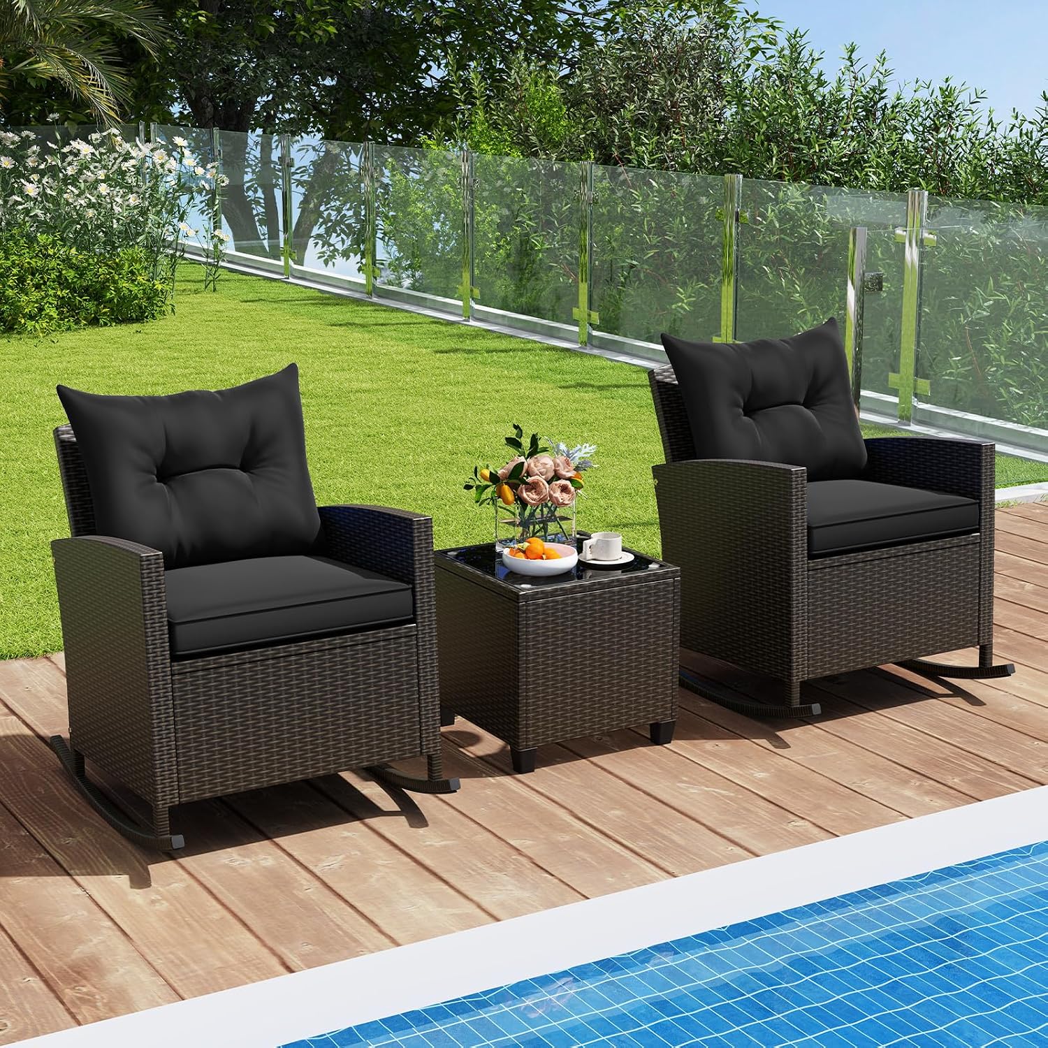 Tangkula 3 Piece Wicker Rocking Set, Patio Rattan Roker Chairs with Tempered Glass Table & Soft Cushions, Outdoor Furniture Set for Backyard, Poolside Porch (Black)