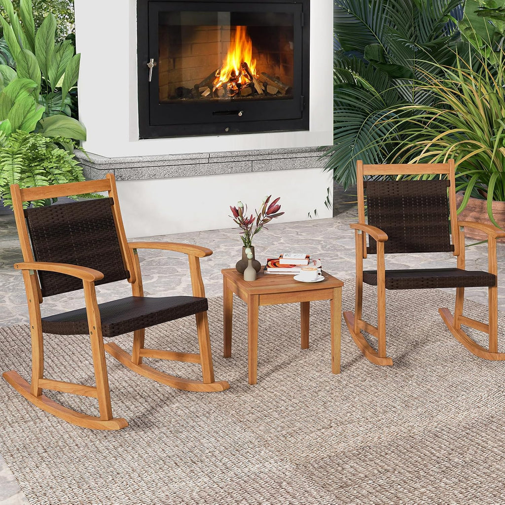 Tangkula 3 Pieces Patio Rocking Chair Set, Patiojoy Acacia Wood Rocker with Side Table, Outdoor Chairs with Wicker Rattan Seat & Backrest, Patio Bistro Set for Garden, Backyard, Poolside