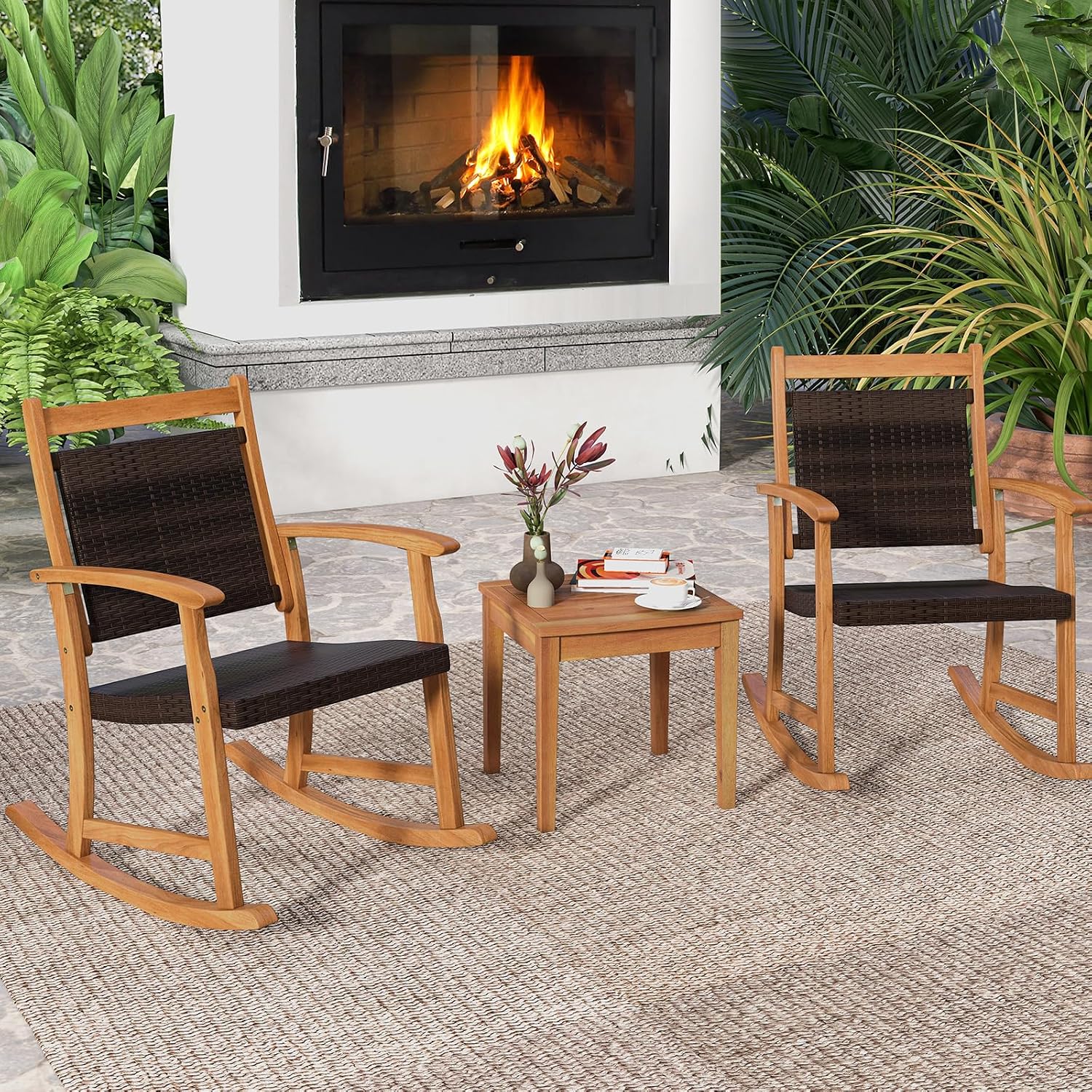 Tangkula 3 Pieces Patio Rocking Chair Set, Patiojoy Acacia Wood Rocker with Side Table, Outdoor Chairs with Wicker Rattan Seat & Backrest, Patio Bistro Set for Garden, Backyard, Poolside