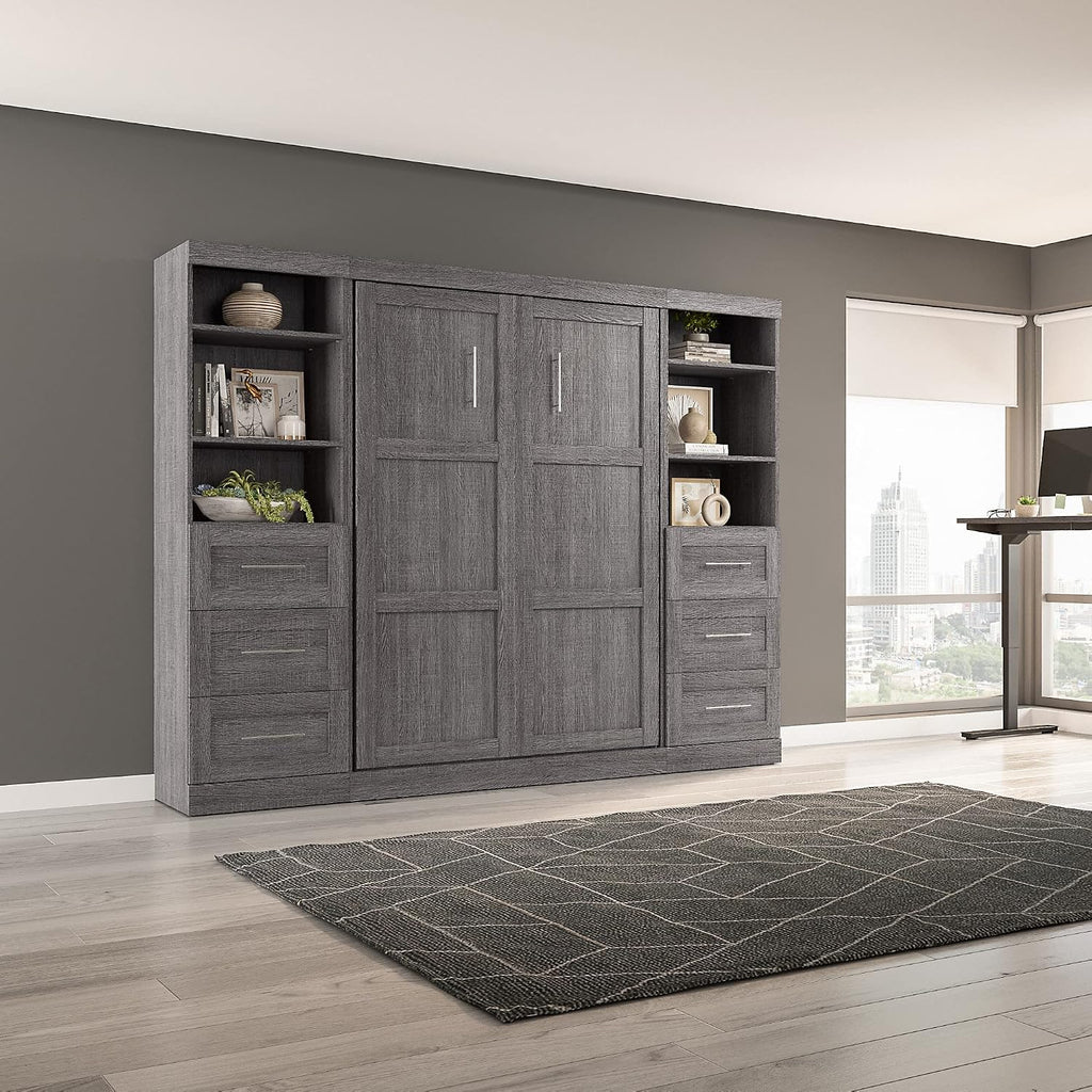 Bestar Pur Full Murphy Bed and 2 Shelving Units with Drawers, 109-inch Space-Saving Wall Bed