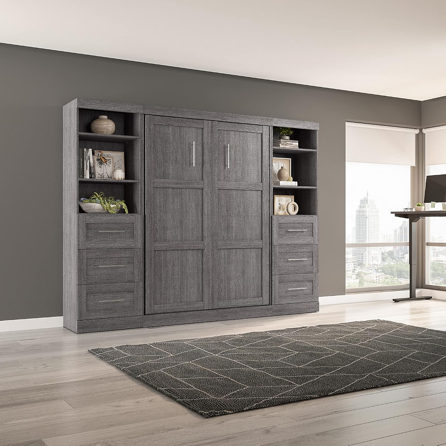 Bestar Pur Full Murphy Bed and 2 Shelving Units with Drawers, 109-inch Space-Saving Wall Bed
