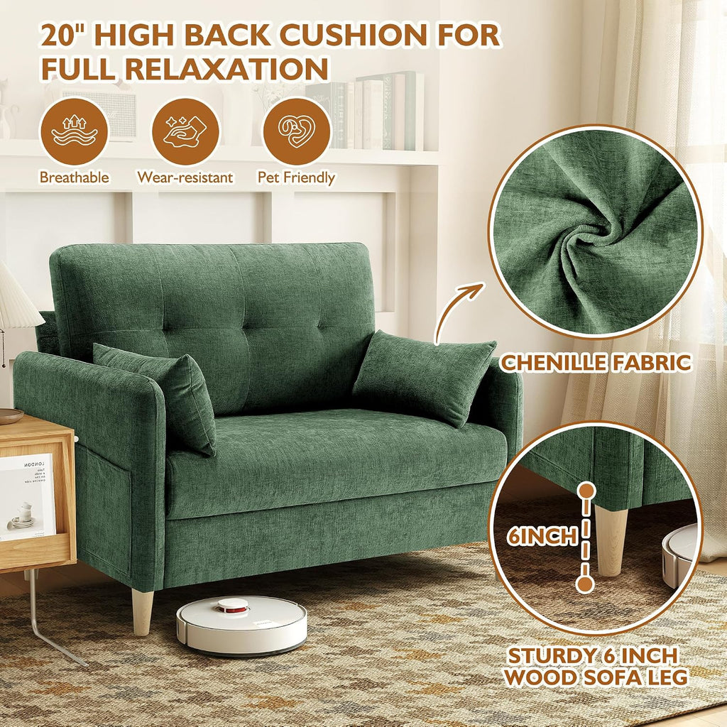 Urhanherry 47' Small Sofa Couch for Bedroom, Soft Chenille loveseat Mini Couch with Throw Pillow and Removable Cushion Cover for Small Spaces, Living Room, Apartment, Dorm, Office(Green)