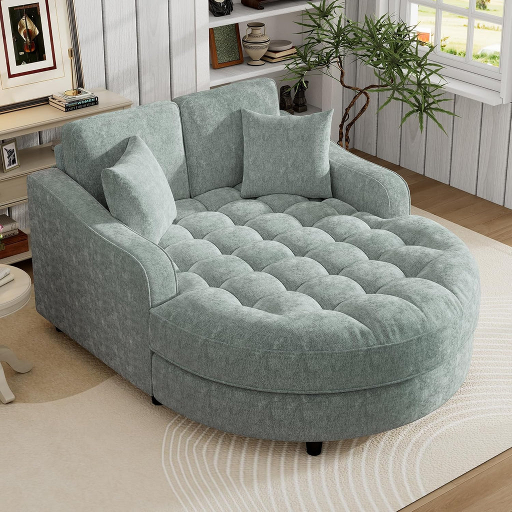 Merax 55' Modern Chaise Lounge Sofa Bed, Chenille Upholstered Couch with Tufted Seat and Removable & Adjustable Pillows for Living Room, Misty Green