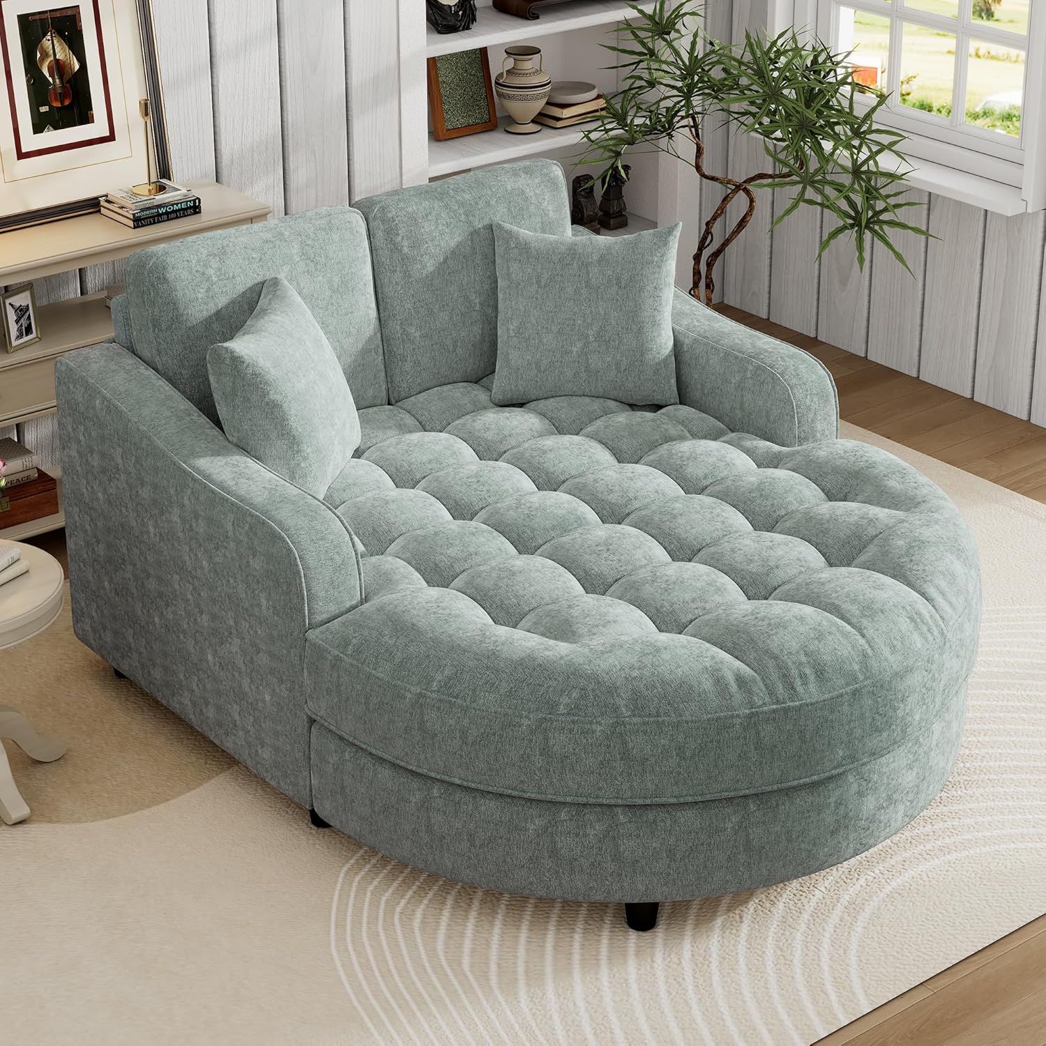 Merax 55' Modern Chaise Lounge Sofa Bed, Chenille Upholstered Couch with Tufted Seat and Removable & Adjustable Pillows for Living Room, Misty Green