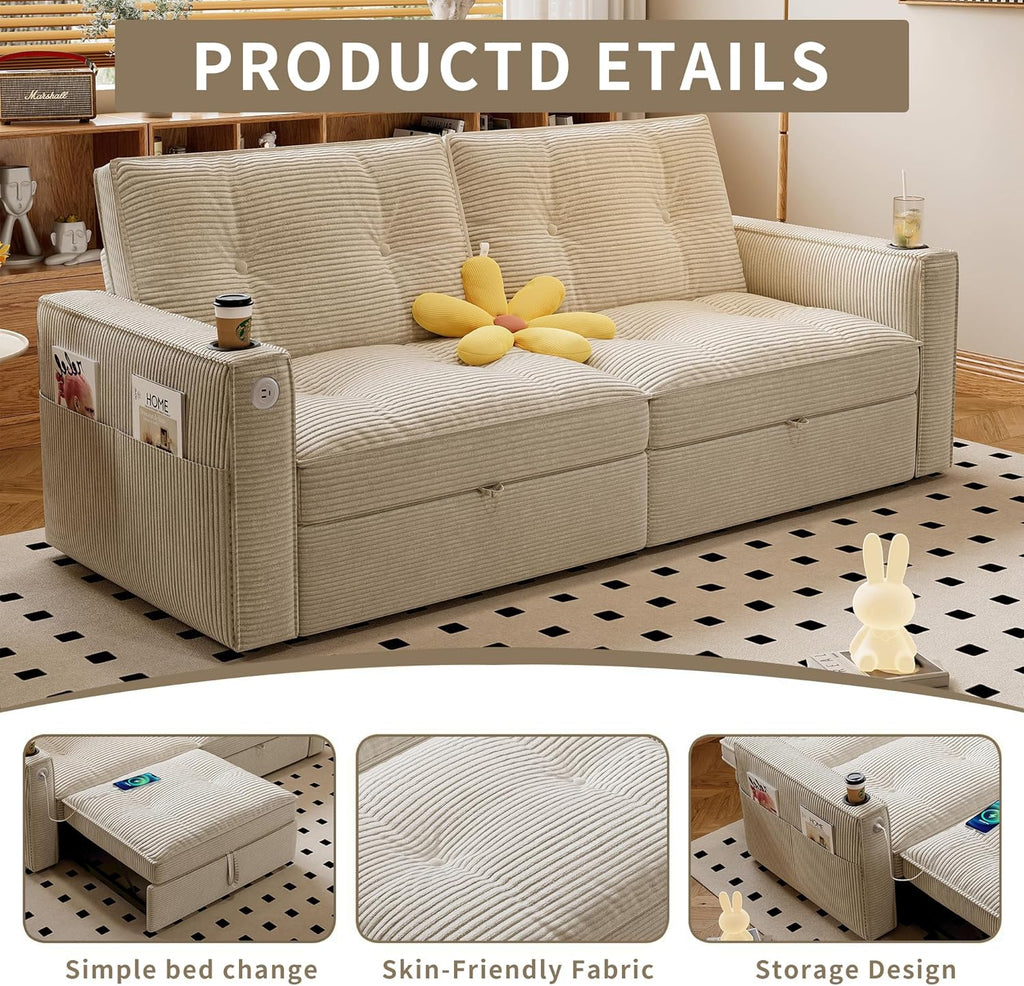 Queen Sofa Bed,Convertible Loveseat Sleeper Sofas,Couch with Pull Out Bed,Pullout Couch Bed for Small Space,Queen Sleeper Sofa Couches for Living Room,Apartment & Guest Room Beige | USB Port, Cup Holder