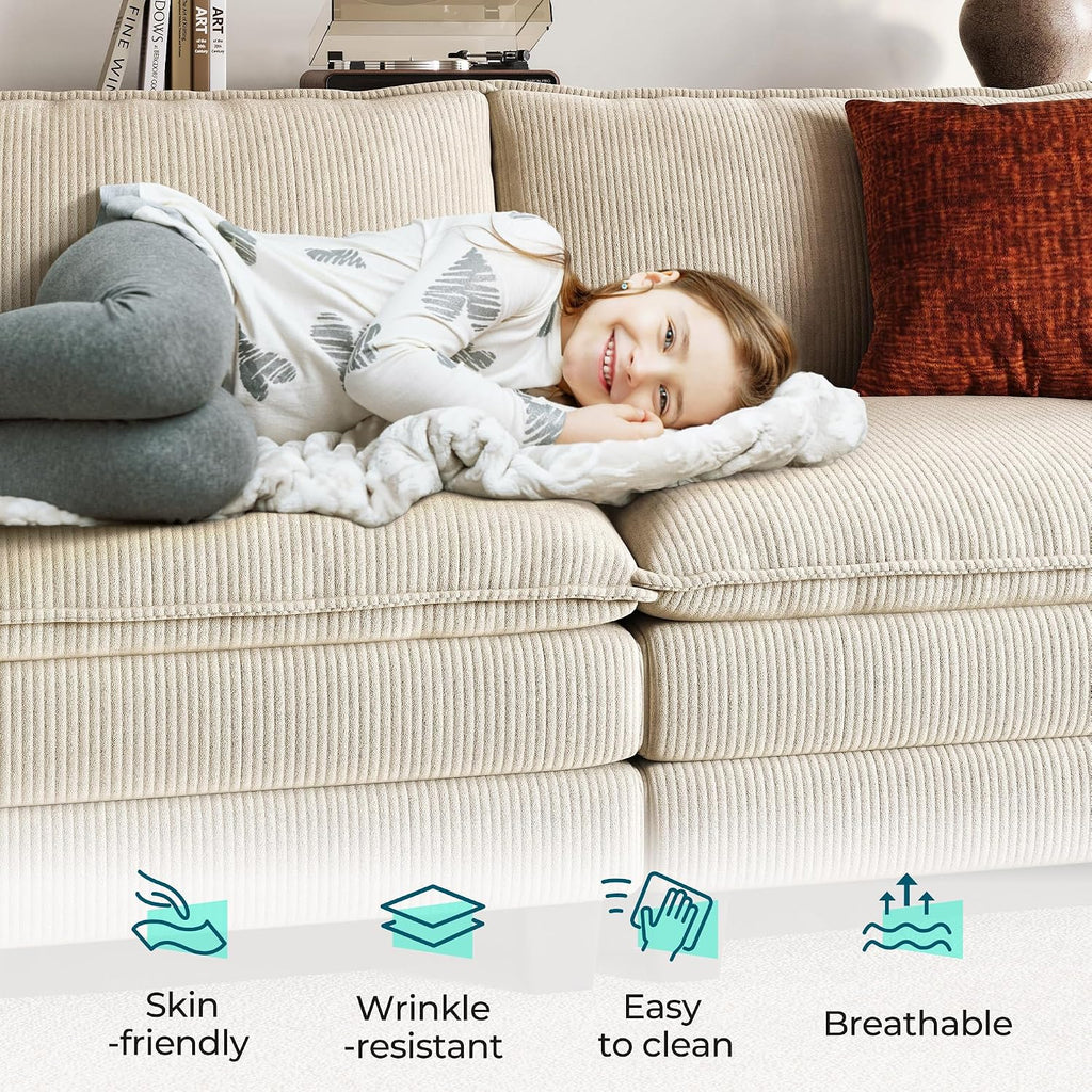 LINSY HOME 90' Modular Cloud Love Seat Sofa, Corduroy Soft Sectional Couch, Modern Comfy Love Seat, Perfect for Living Room, Apartment, Office, Beige