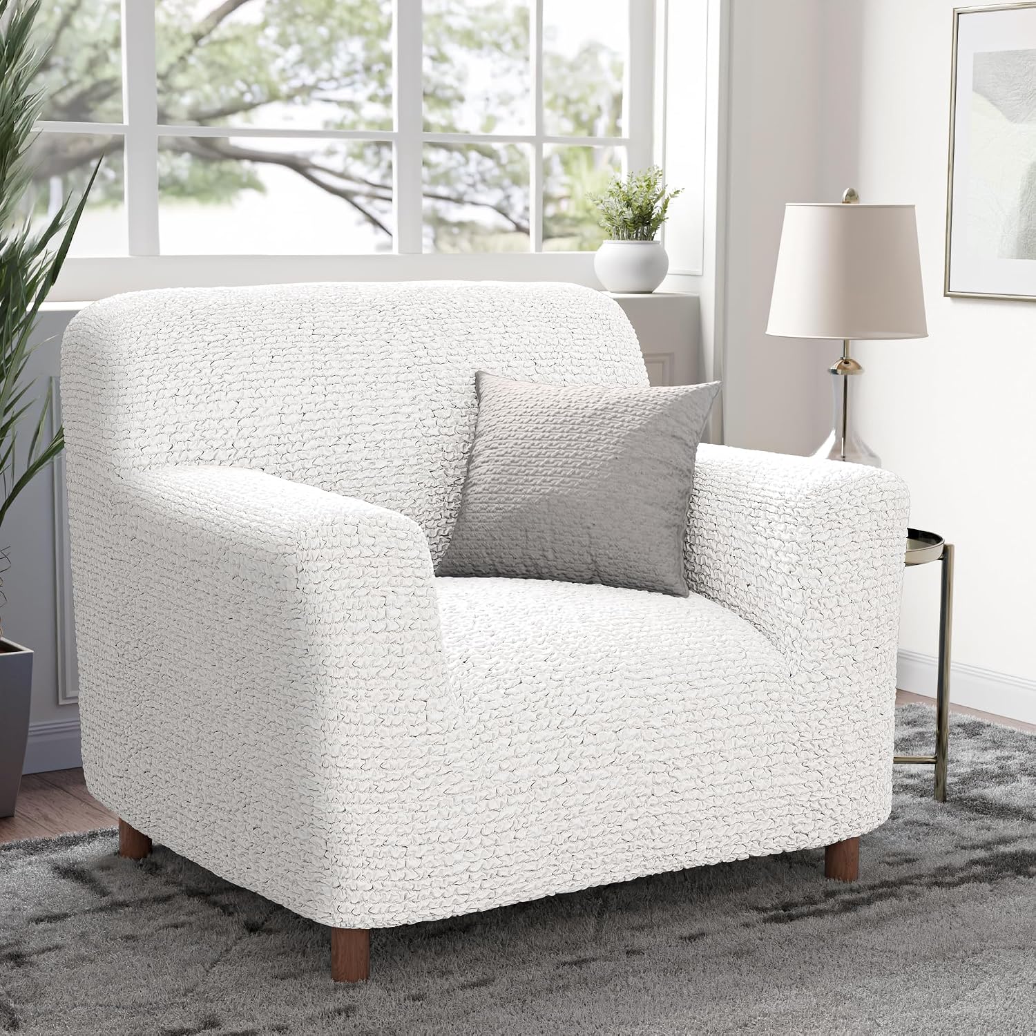 PAULATO BY GA.I.CO. Stretch Sofa Slipcover 1-Piece Elastic Couch Covers for 3-Seater & 4-Seater Sofa Loveseat Armchair Non-Slip Cover Machine Washable Protector – Crisp White (21'-39' Wide)