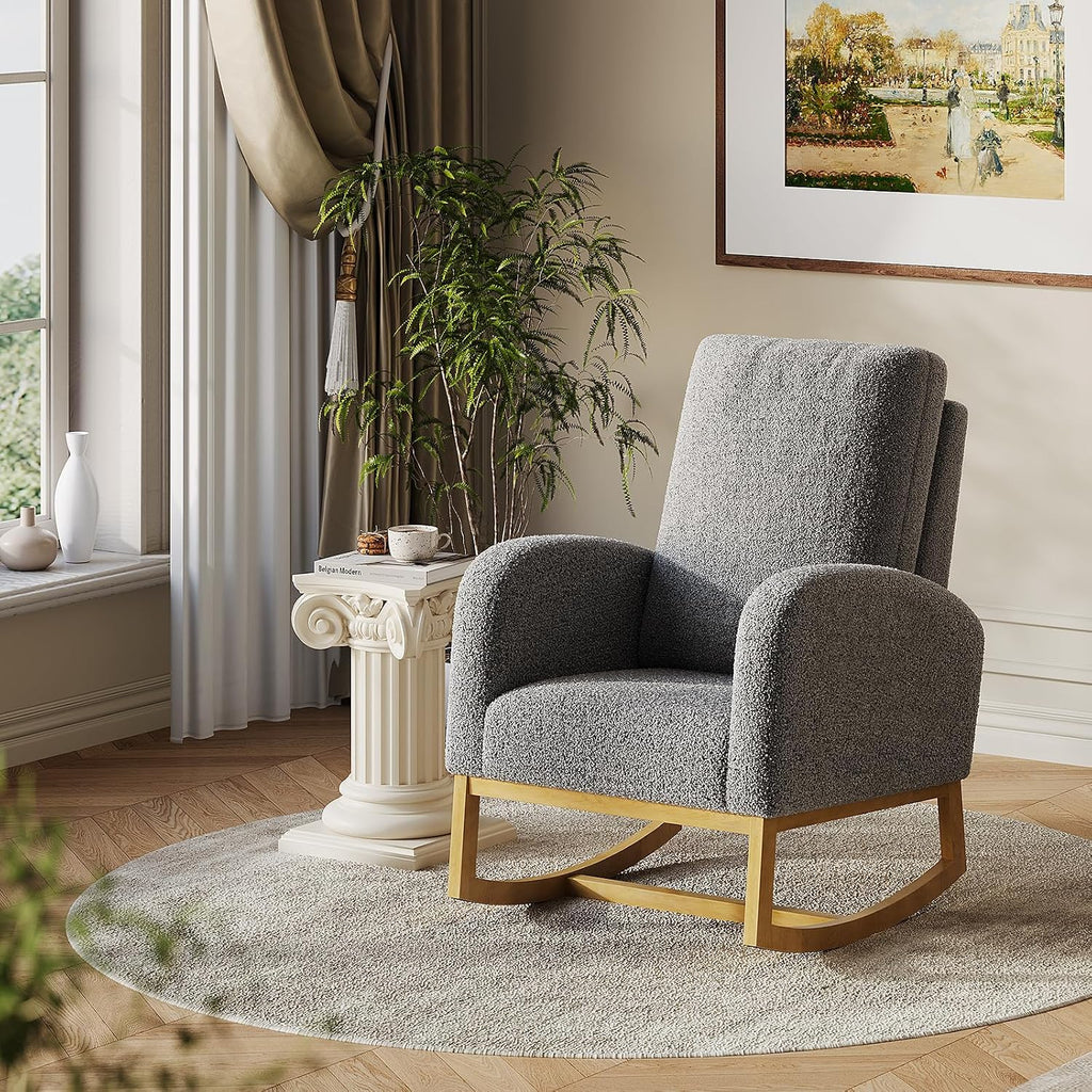 Teddy Upholstered Rocking Chair Nursery, Glider Rocker Chair with High Backrest and Side Pocket, High Back Accent Chair with Wood Legs, Comfy Side Chair for Nursery- Dark Gray