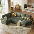 LINSY HOME Sectional Sofa with Pull Out Bed, 6 Seats Corduroy Reversible Sleeper Sofa with Storage Seats & Chaises, USB Ports, Cup Holders, Side Pocket, Sectional Couches for Living Room, Green | Plush corduroy