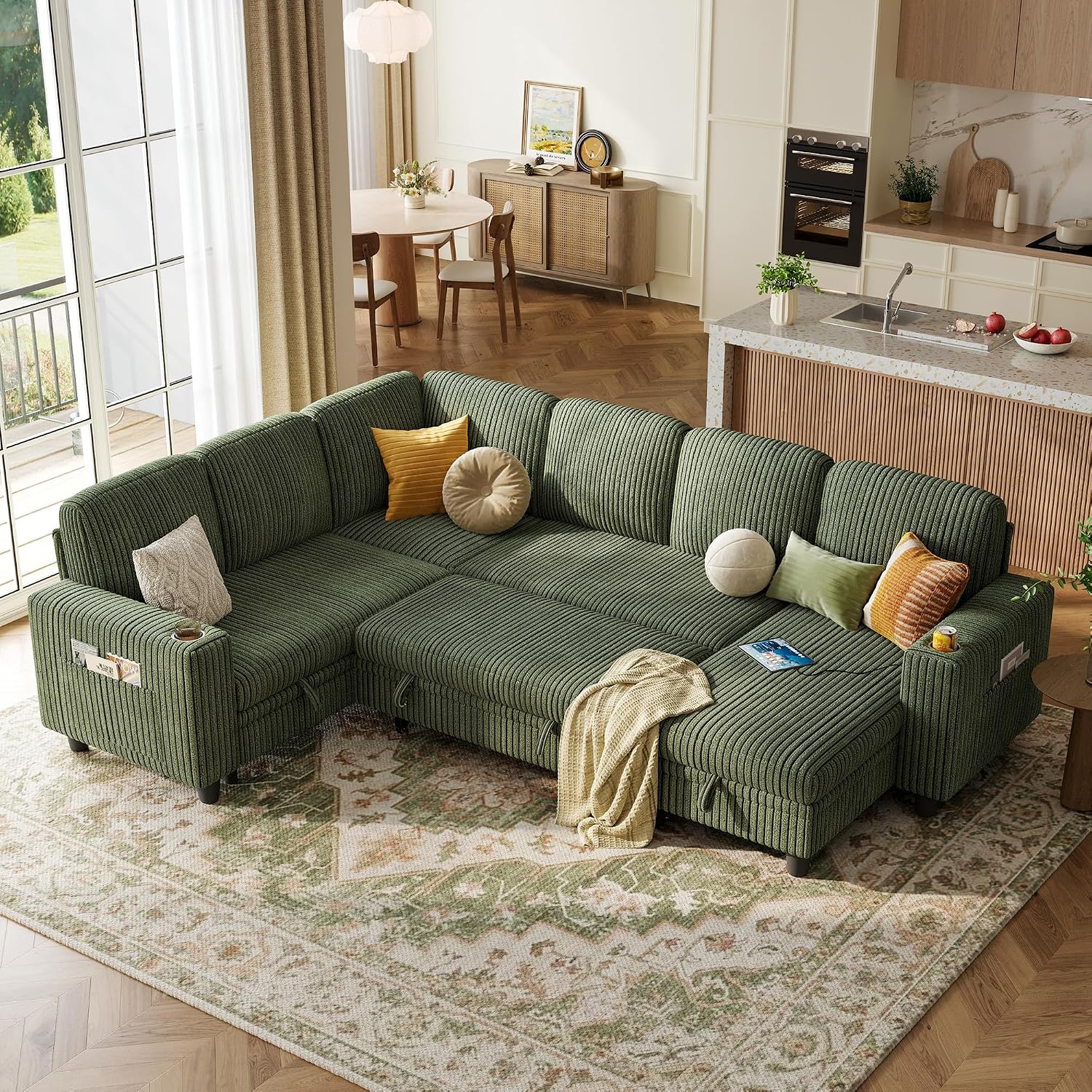 LINSY HOME Sectional Sofa with Pull Out Bed, 6 Seats Corduroy Reversible Sleeper Sofa with Storage Seats & Chaises, USB Ports, Cup Holders, Side Pocket, Sectional Couches for Living Room, Green | Plush corduroy