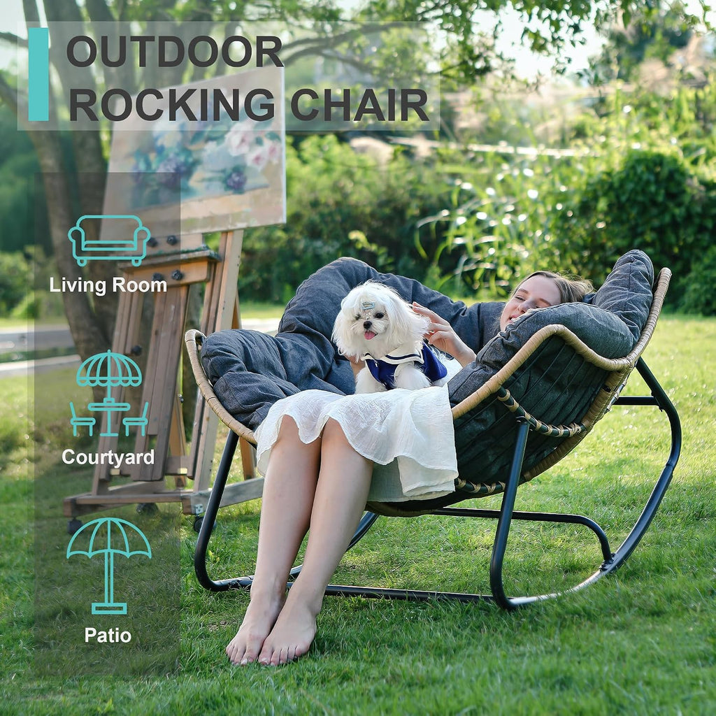 SWITTE Outdoor Rocking Chair, Indoor Papasan Rocking Lounge with Thick Cushion, Oversized Cozy Patio Rocker for Bedroom, Living Room, Porch, Garden, Lawn-Dark Grey