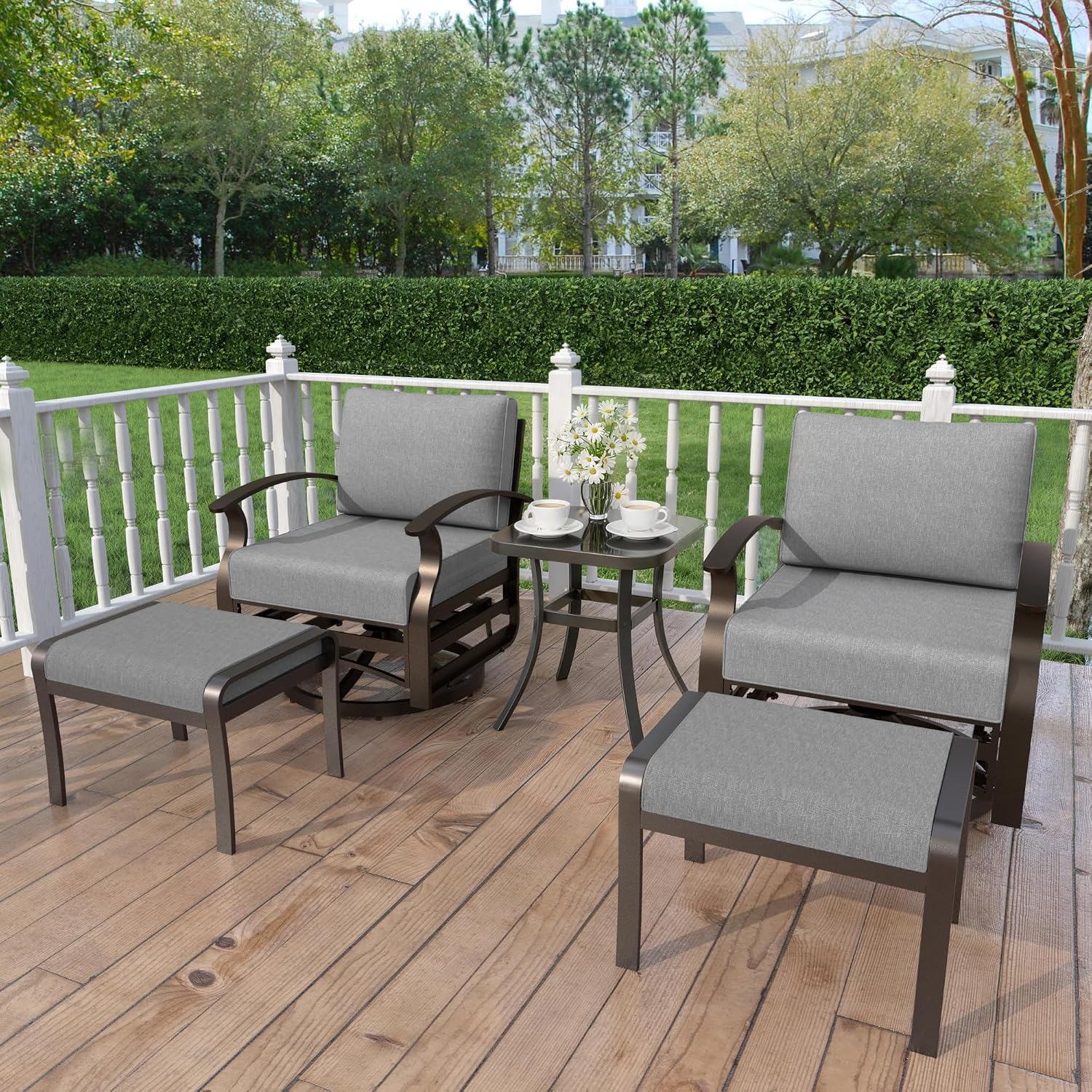 Kurapika 5 Pieces Patio Furniture Set, Outdoor Aluminum Rocking Chair, Patio Bistro Set Swivel Gliders Rocker with Thickened Cushions and Side Table(Grey)