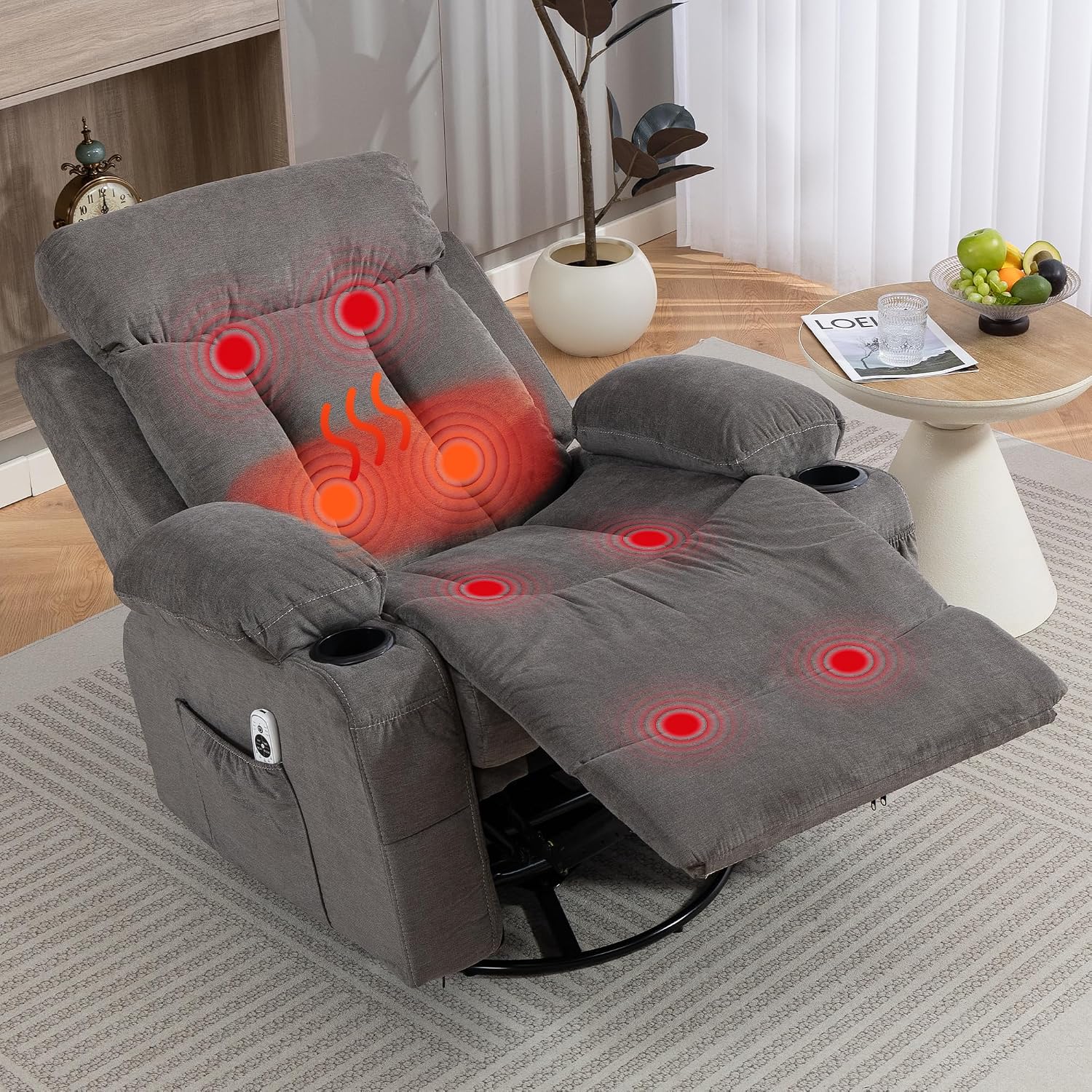 Rocker Recliner, Glider Recliner Chairs for Adults, 360° Swivel Recliner Chair w/Massage and Heating, Nursery Chair with Rocking Function, Side Pocket, Cup Holders for Living Room, Bedroom, Grey