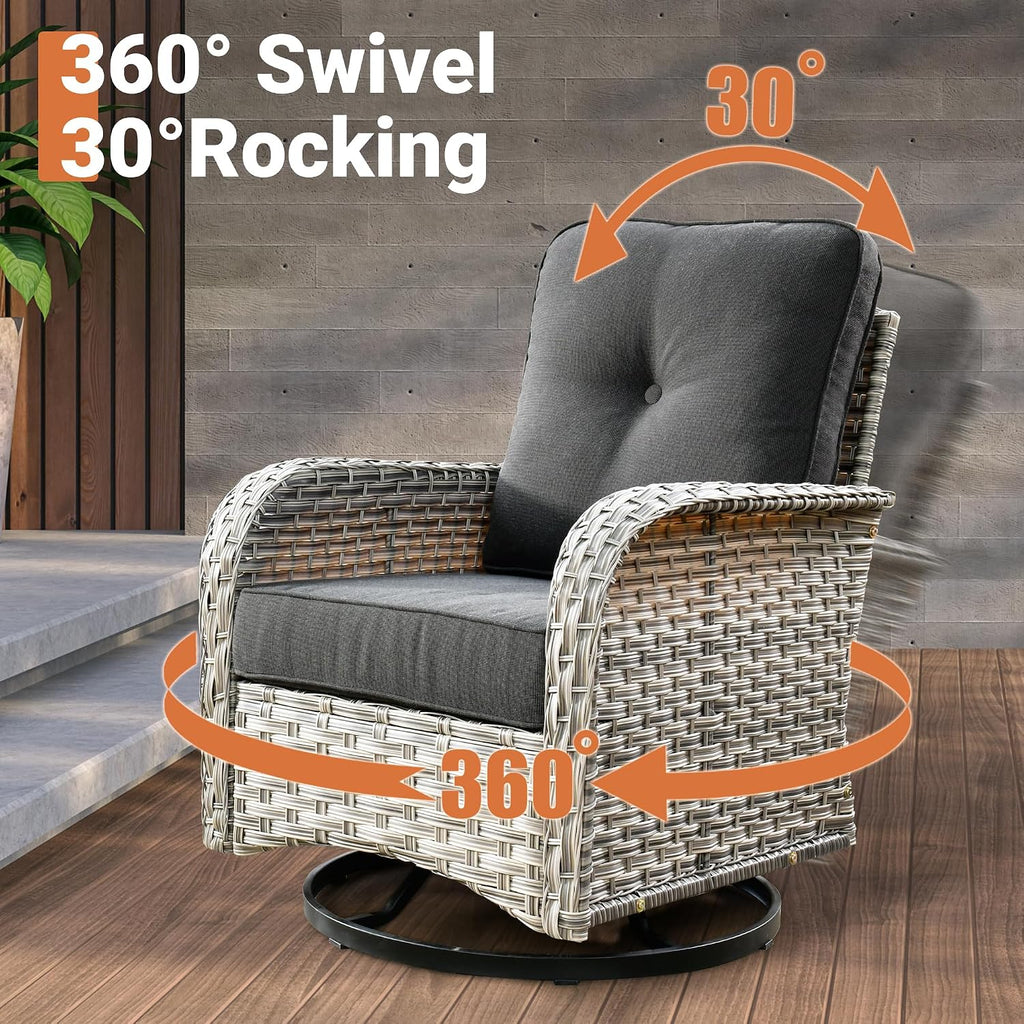 ovios Outdoor Swivel Rocking Chair Set of 3 with Coffee Table, Patio Wicker Rocker with Comfortable Thicken Deep Seating, Comfy Rattan Glider Chairs for Porch Deck Balcony Garden Backyard, Black